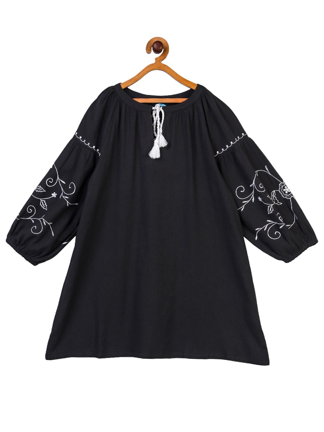 

Miyo Grey Embroidered Tie-Up Neck A-Line Cotton Dress