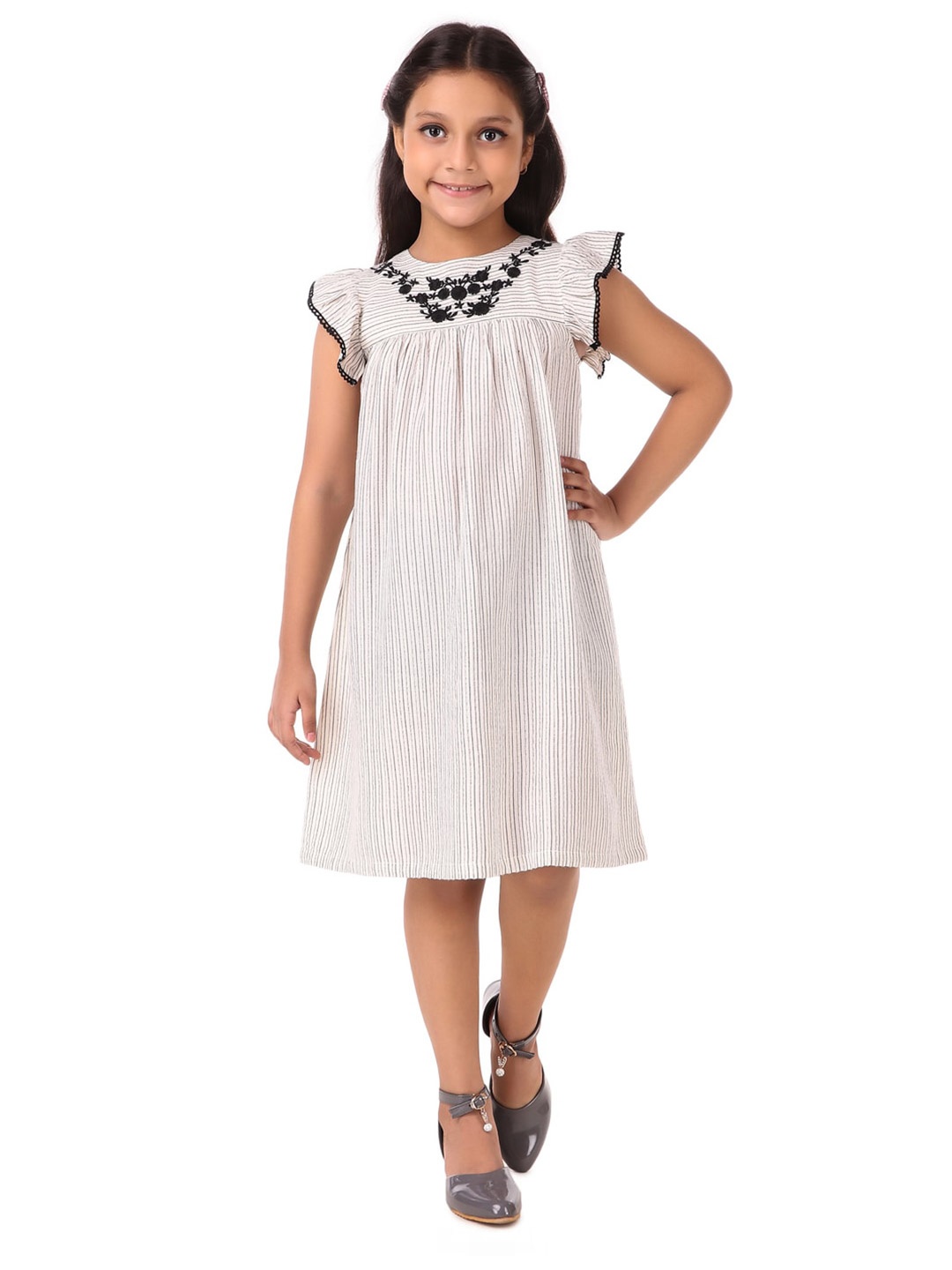 

Miyo Off White Striped Cotton A-Line Dress