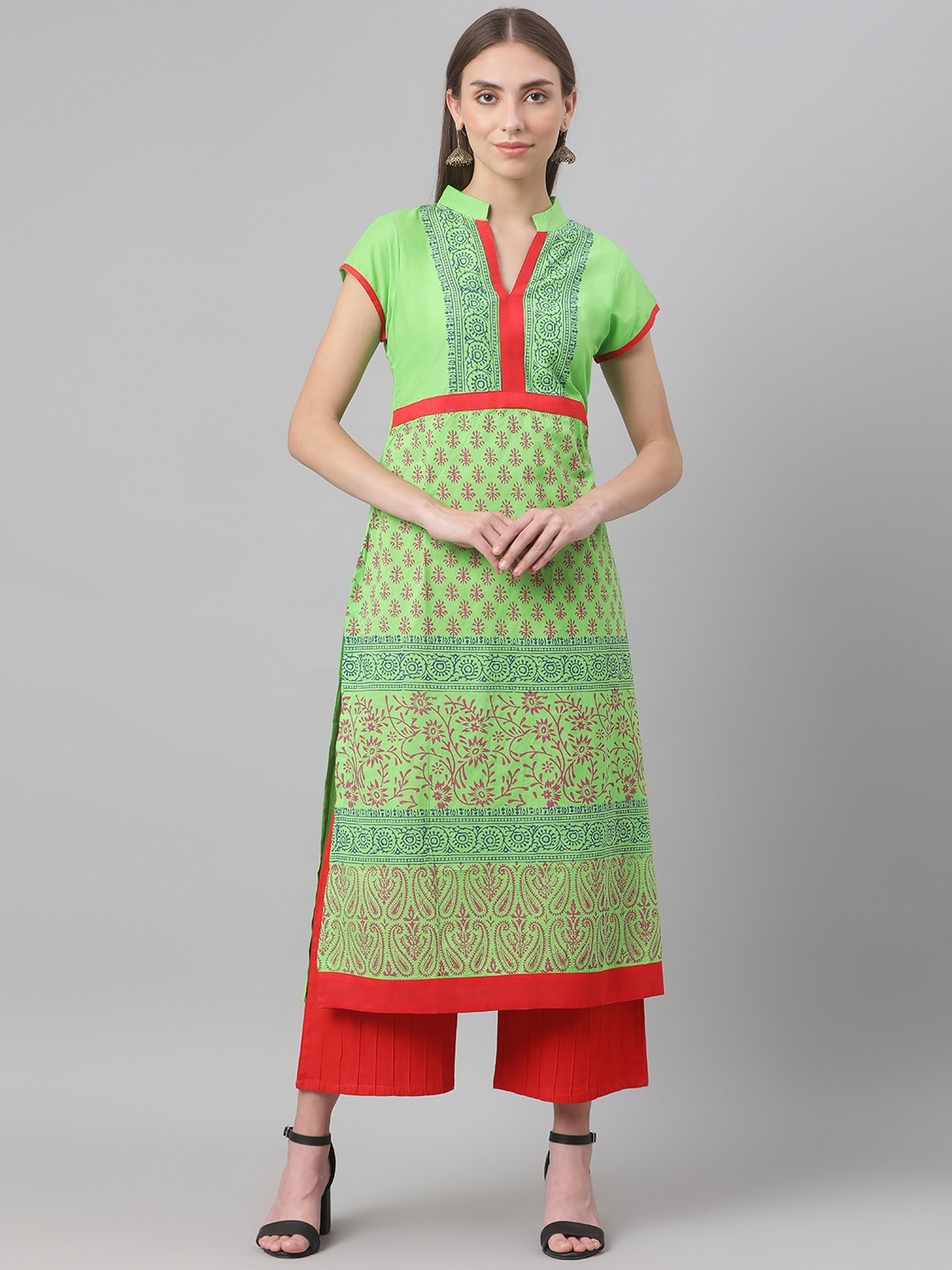 

MBE Women Green & Red Ethnic Motifs Printed Kurta