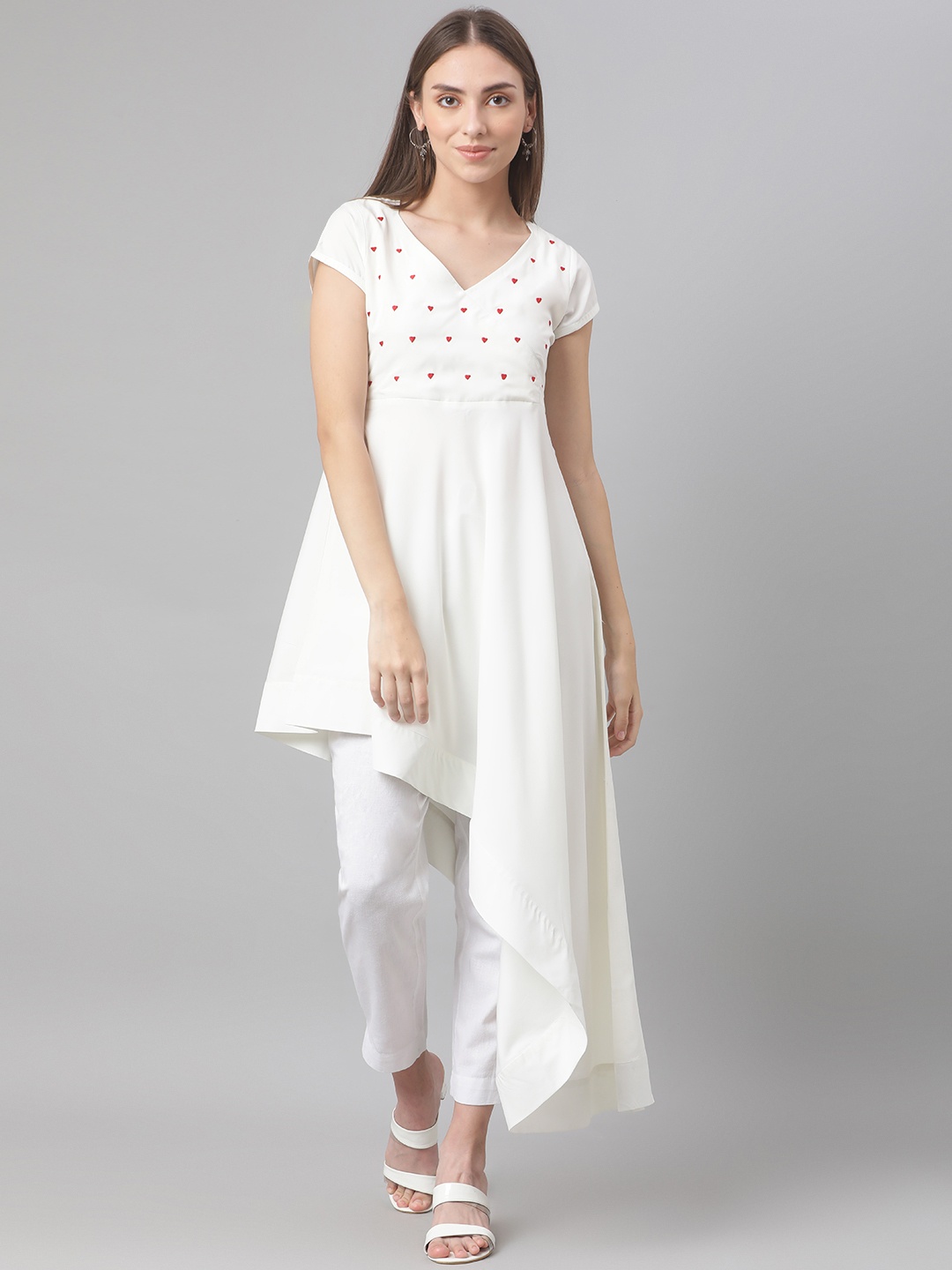 

MBE Women White Geometric Yoke Design Kurta