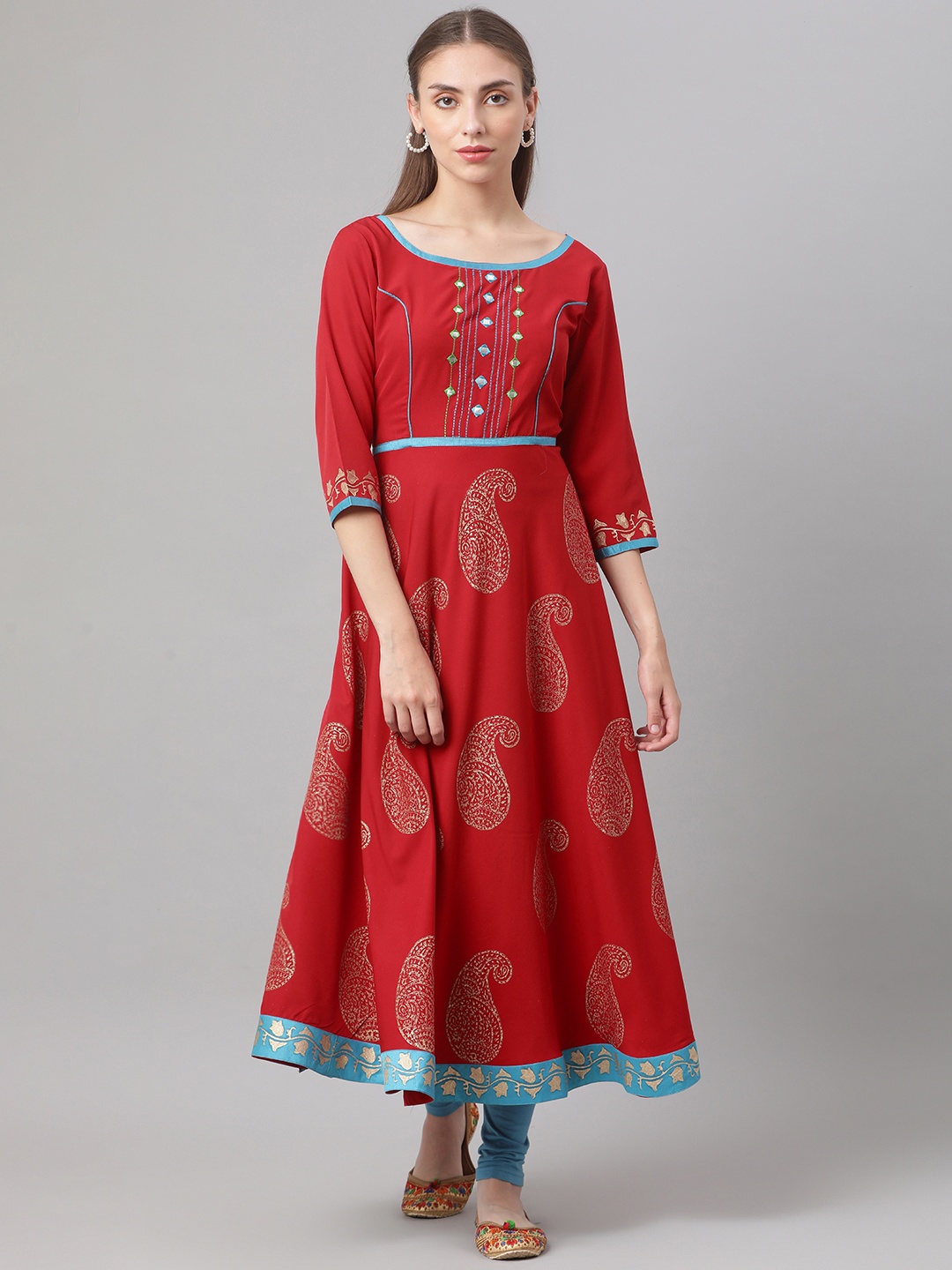 

MBE Women Maroon & Turquoise Blue Ethnic Motifs Printed Anarkali Kurta