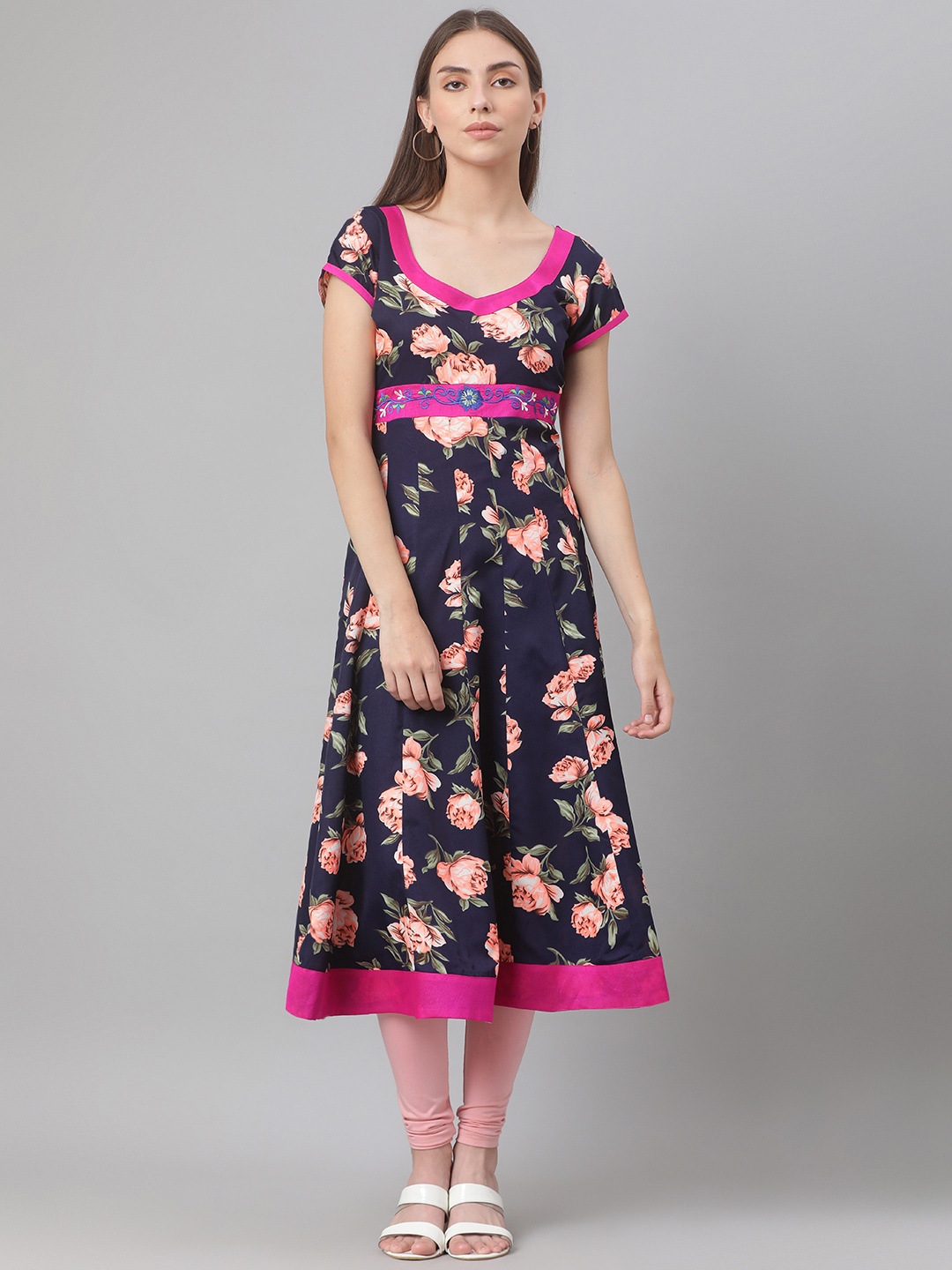 

MBE Women Navy Blue & Pink Floral Printed Thread Work Floral Anarkali Kurta