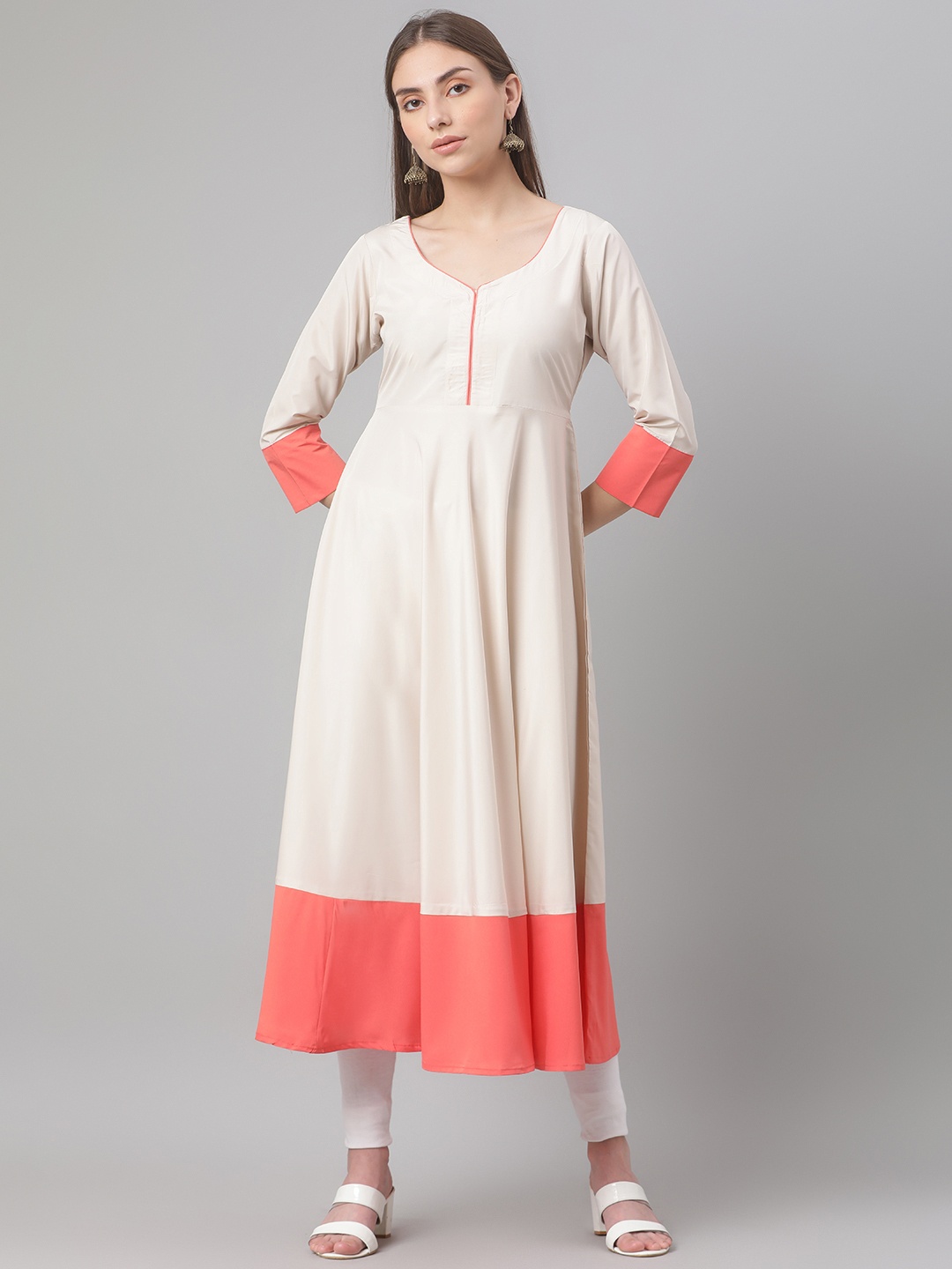 

MBE Women Off White & Orange Colourblocked Anarkali Kurta