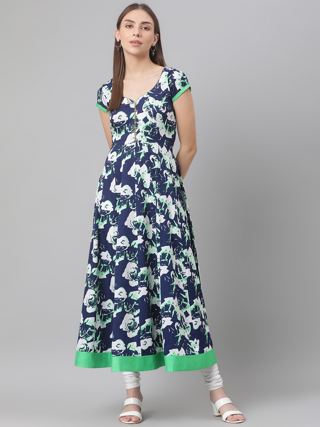 

MBE Women Green & Navy Blue Floral Printed Anarkali Kurta