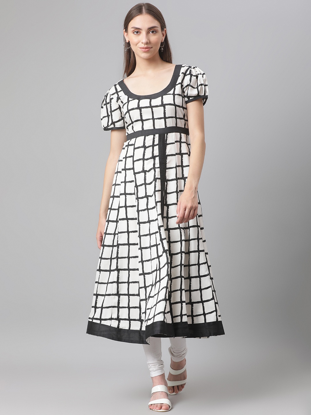 

MBE Women White & Black Checked Anarkali Kurta