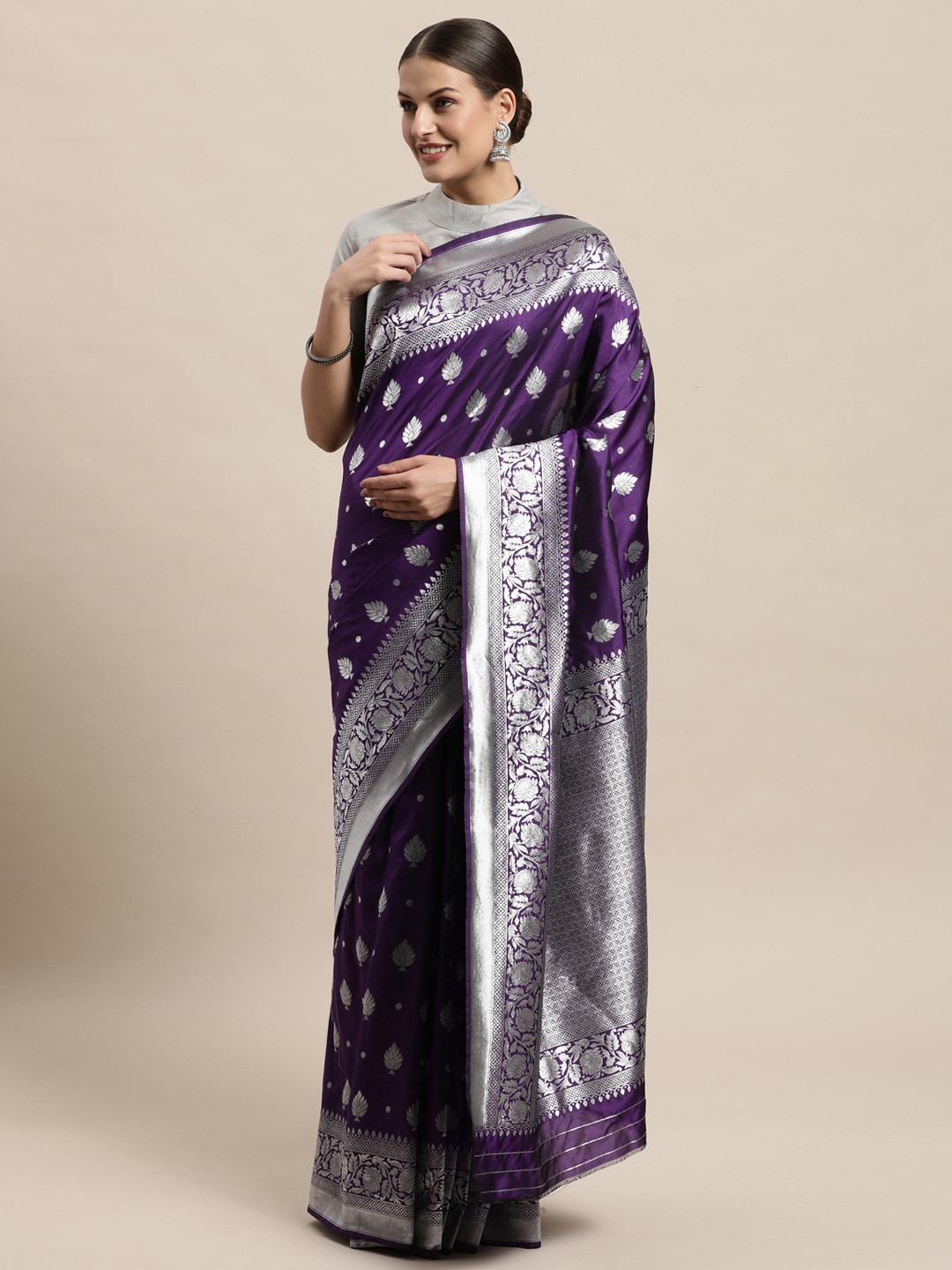 

PERFECTBLUE Purple & Grey Floral Woven Design Art Silk Saree