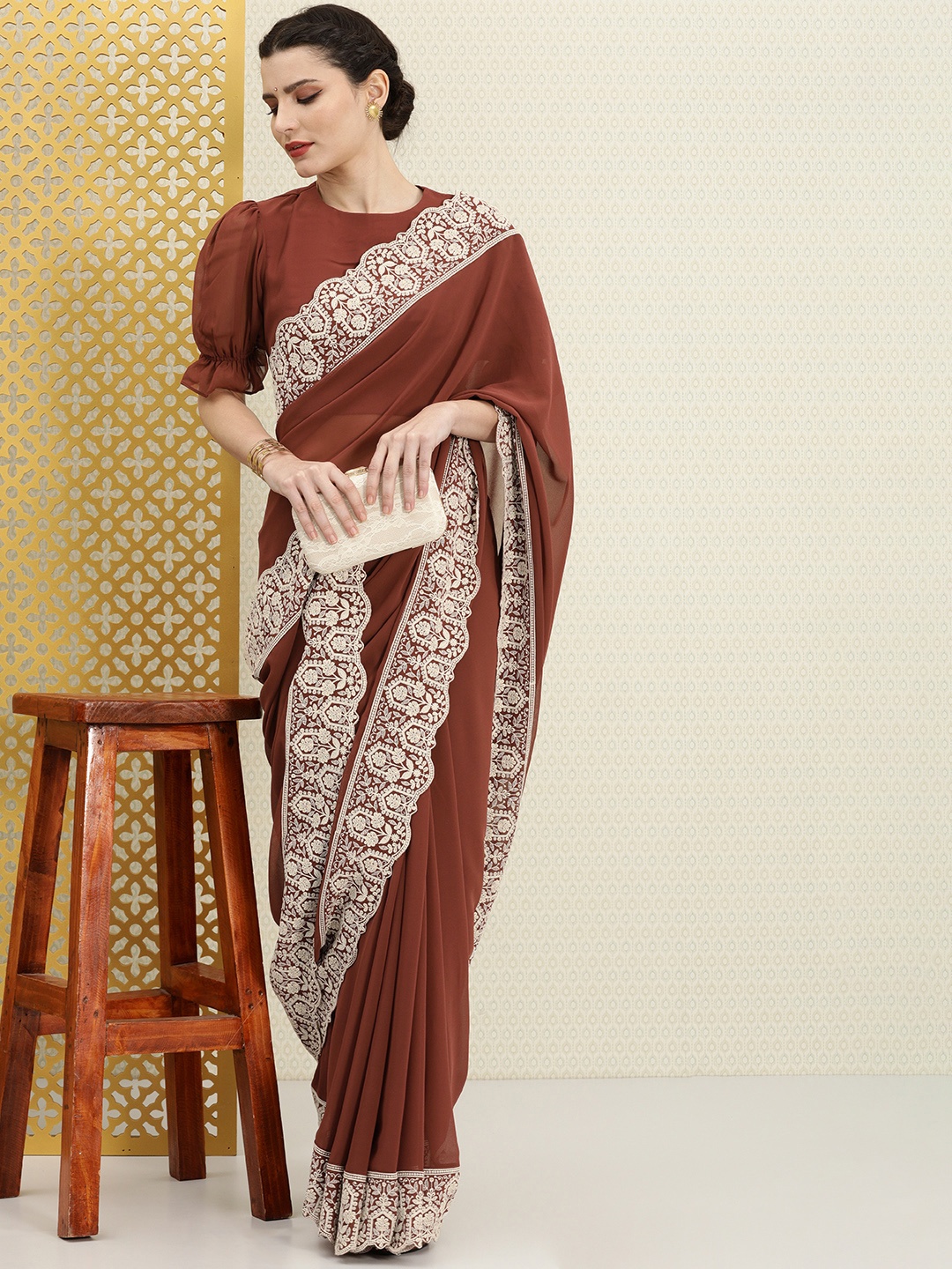 

House of Pataudi Rust Brown Chikankari Poly Georgette Saree