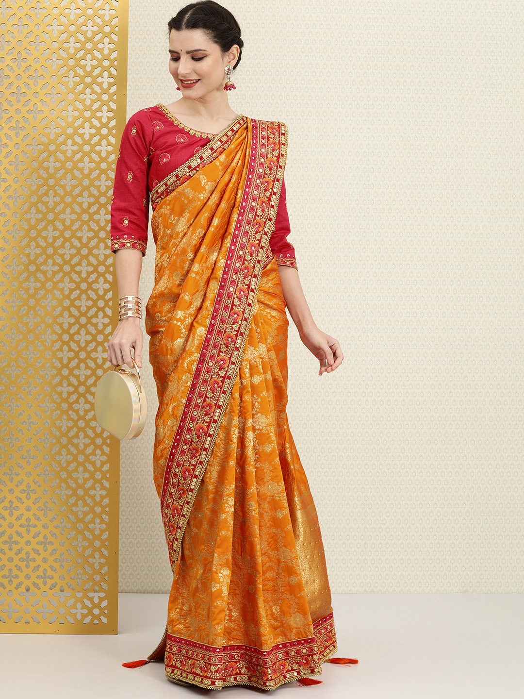 

House of Pataudi Mustard Yellow & Red Floral Zari Silk Blend Banarasi Saree