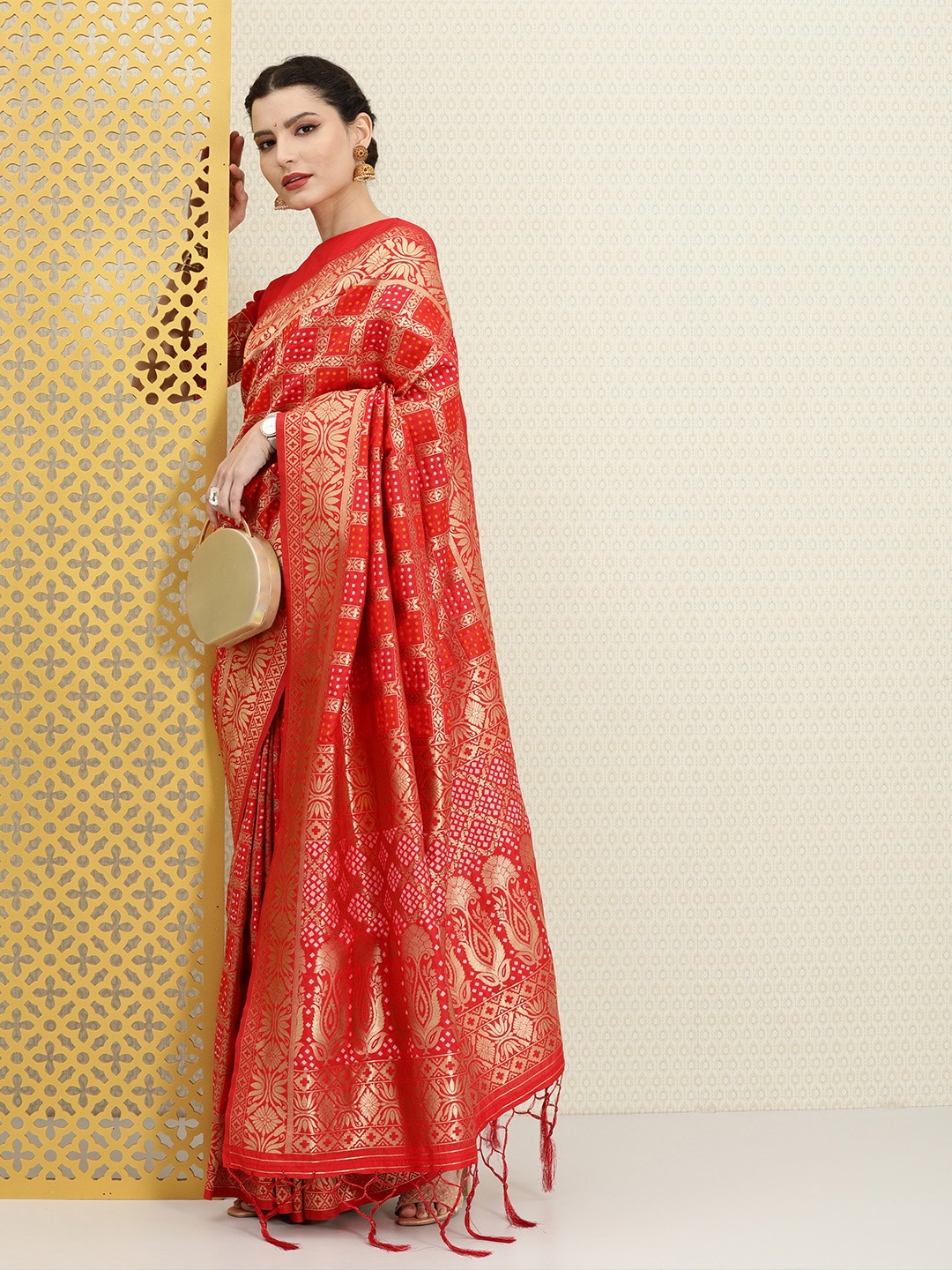 

House of Pataudi Red & Gold-Toned Ethnic Motifs & Polka Dot Zari Silk Blend Banarasi Saree