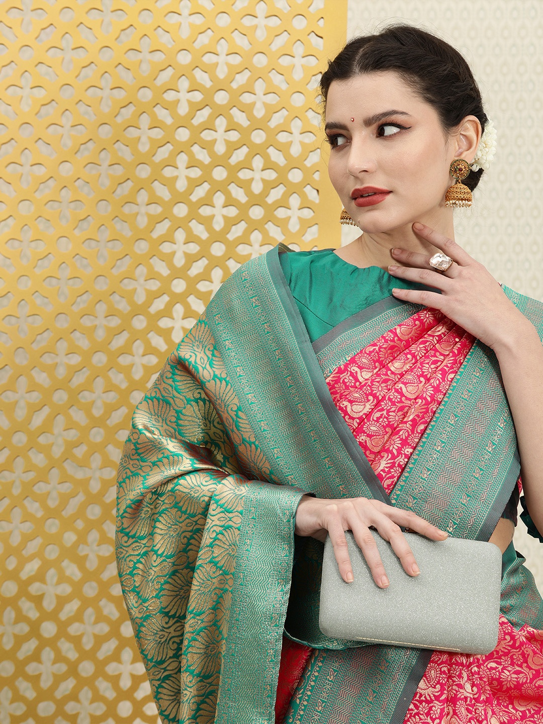 

House of Pataudi Magenta Pink & Green Ethnic Motifs Zari Silk Blend Banarasi Saree