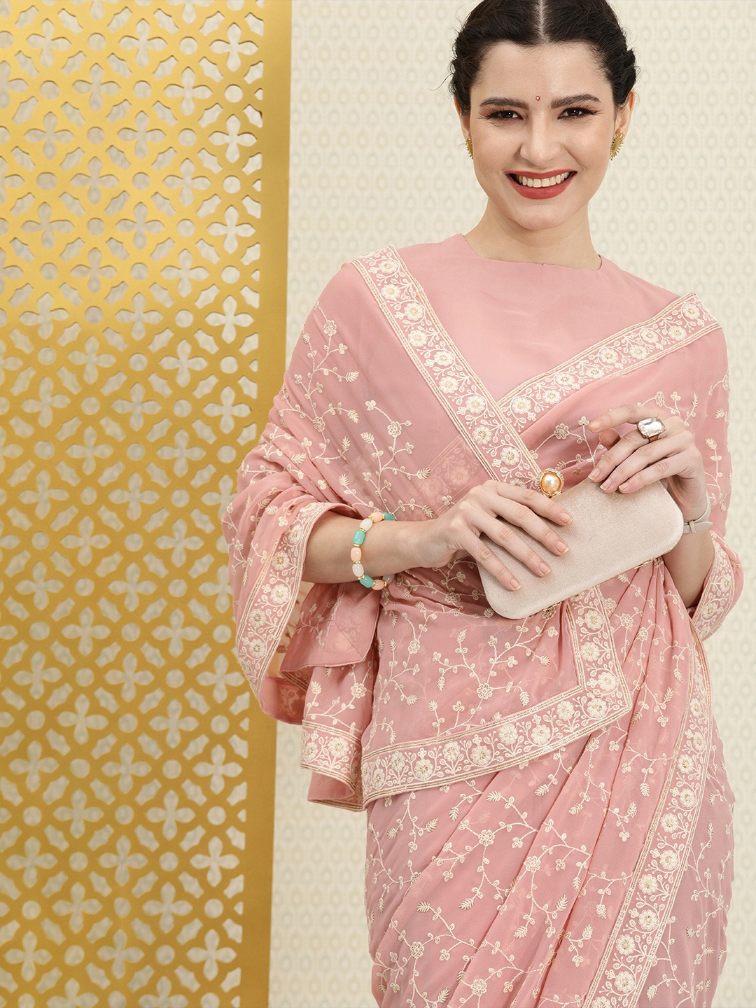 

House of Pataudi Light Pink & White Floral Jaal Chikankari Poly Georgette Saree