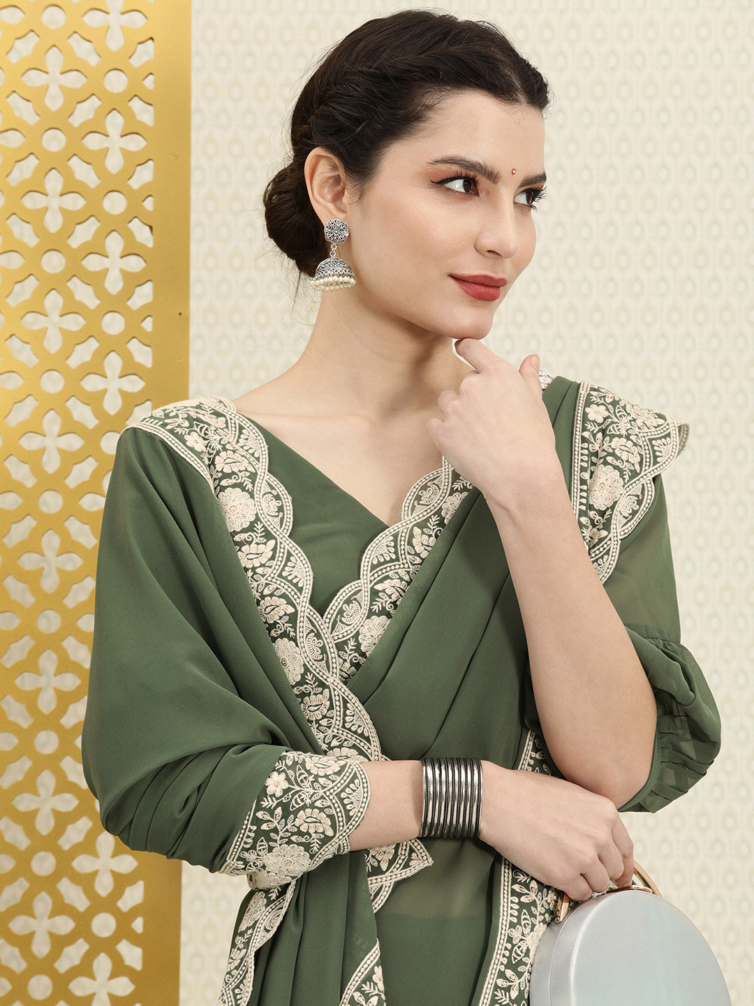 

House of Pataudi Olive Green Chikankari Poly Georgette Saree