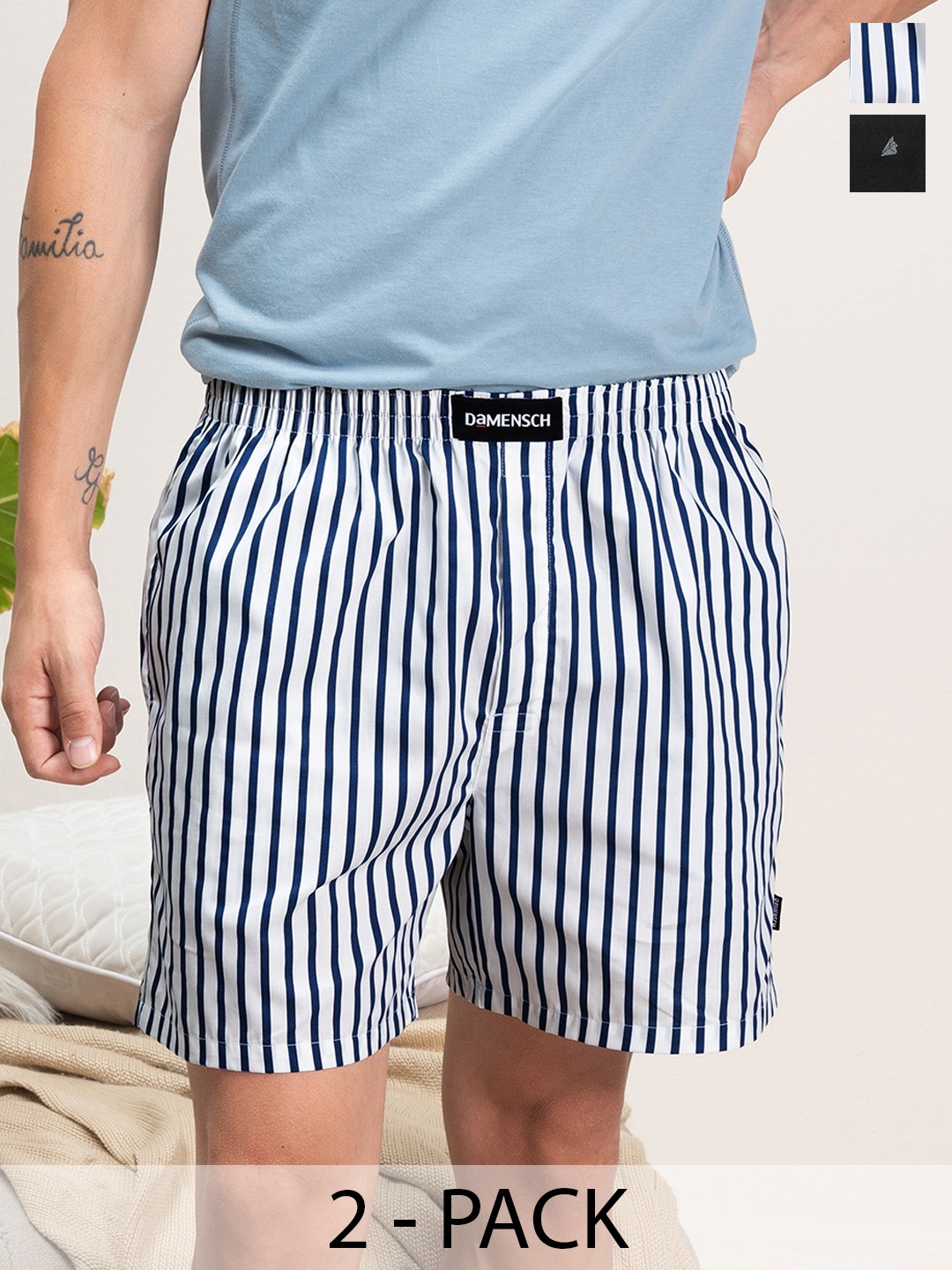 

DAMENSCH Men Breeze Pack of 2 Striped Ultra-Light Cotton Boxer Shorts DAM-ASP-LBX-CSW-SYB, Black