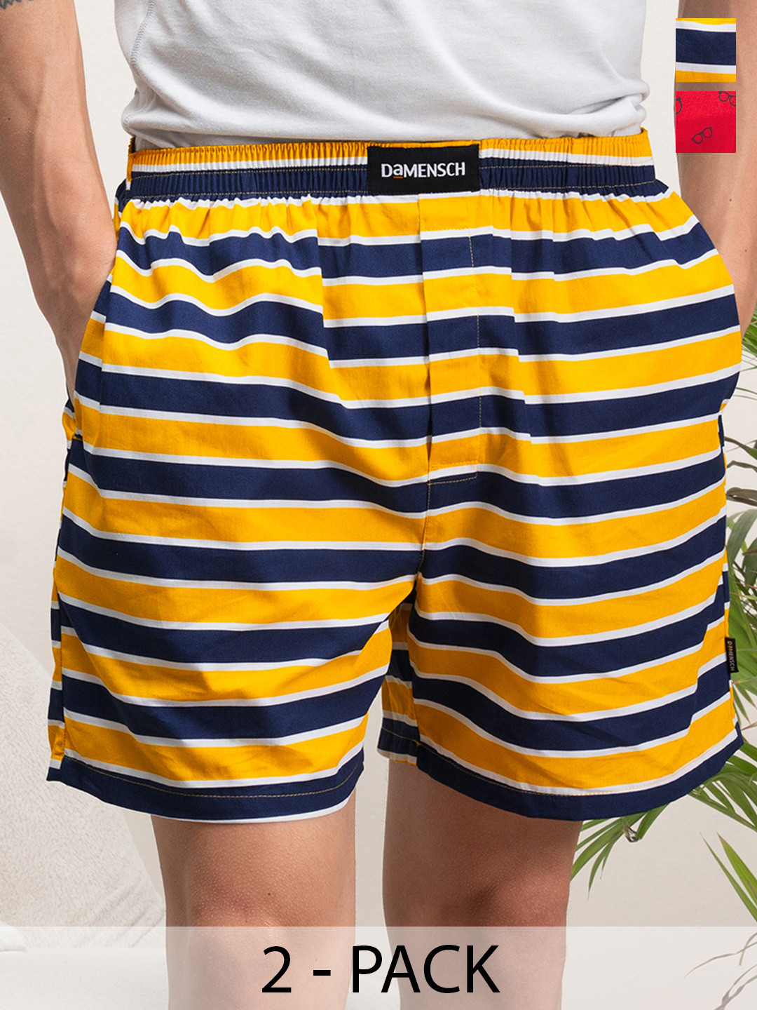 

DAMENSCH Men Pack of 2 Assorted Ultra-Light Cotton Boxer Shorts- DAM-ASP-LBX-THR-BAM, Red