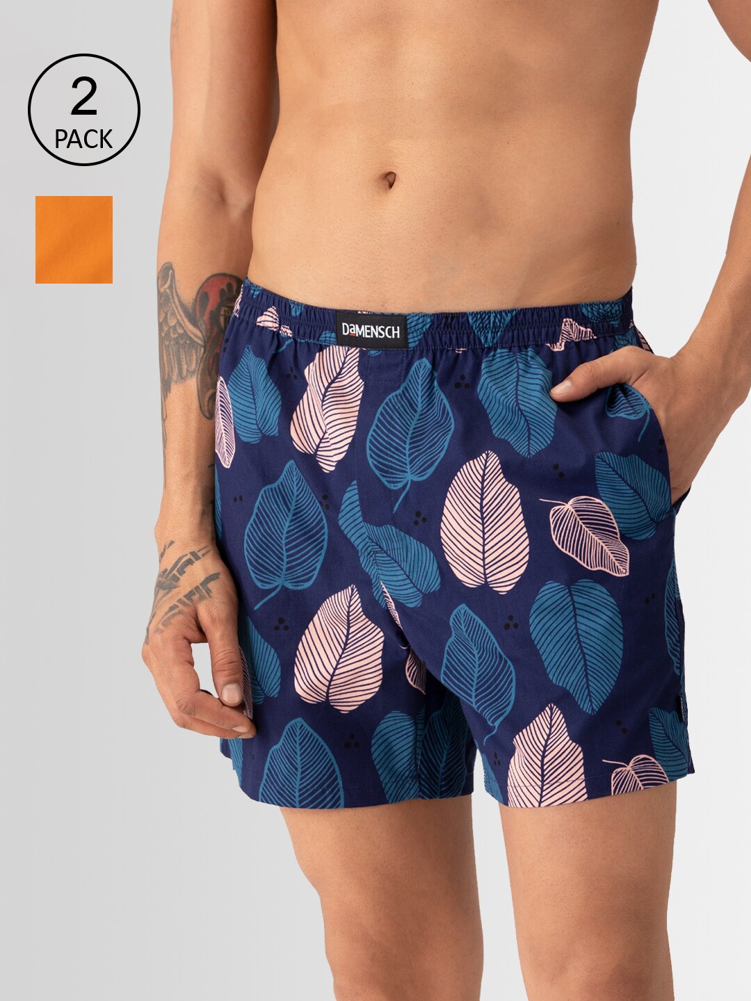 

DAMENSCH Men Pack Of 2 Printed Pure Cotton Boxers, Orange