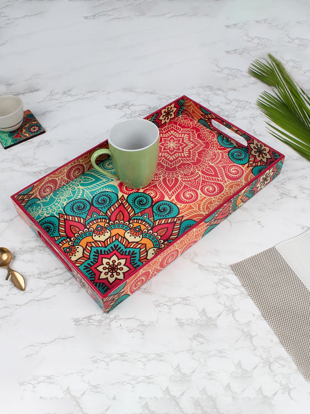 

MARKET99 Orange & Blue Printed Wooden Serving Tray With Handle