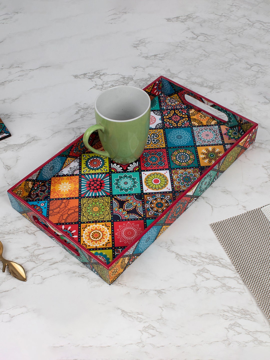 

MARKET99 Multicoloured Printed Wooden Serving Tray, Multi