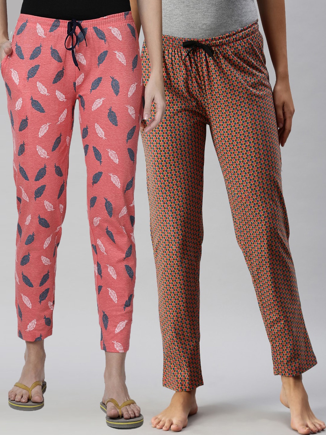 

Kryptic Women Pack Of 2 Orange & Multicoloured Printed Pure Cotton Lounge Pant