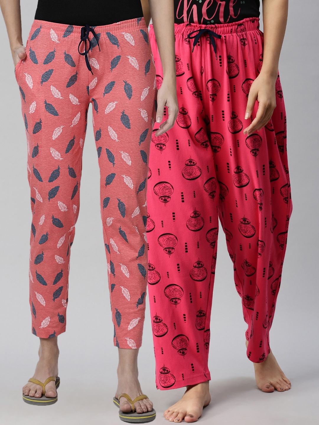 

Kryptic Women Pack of 2 Pink & Black Printed Mid Rise Cotton Lounge Pants