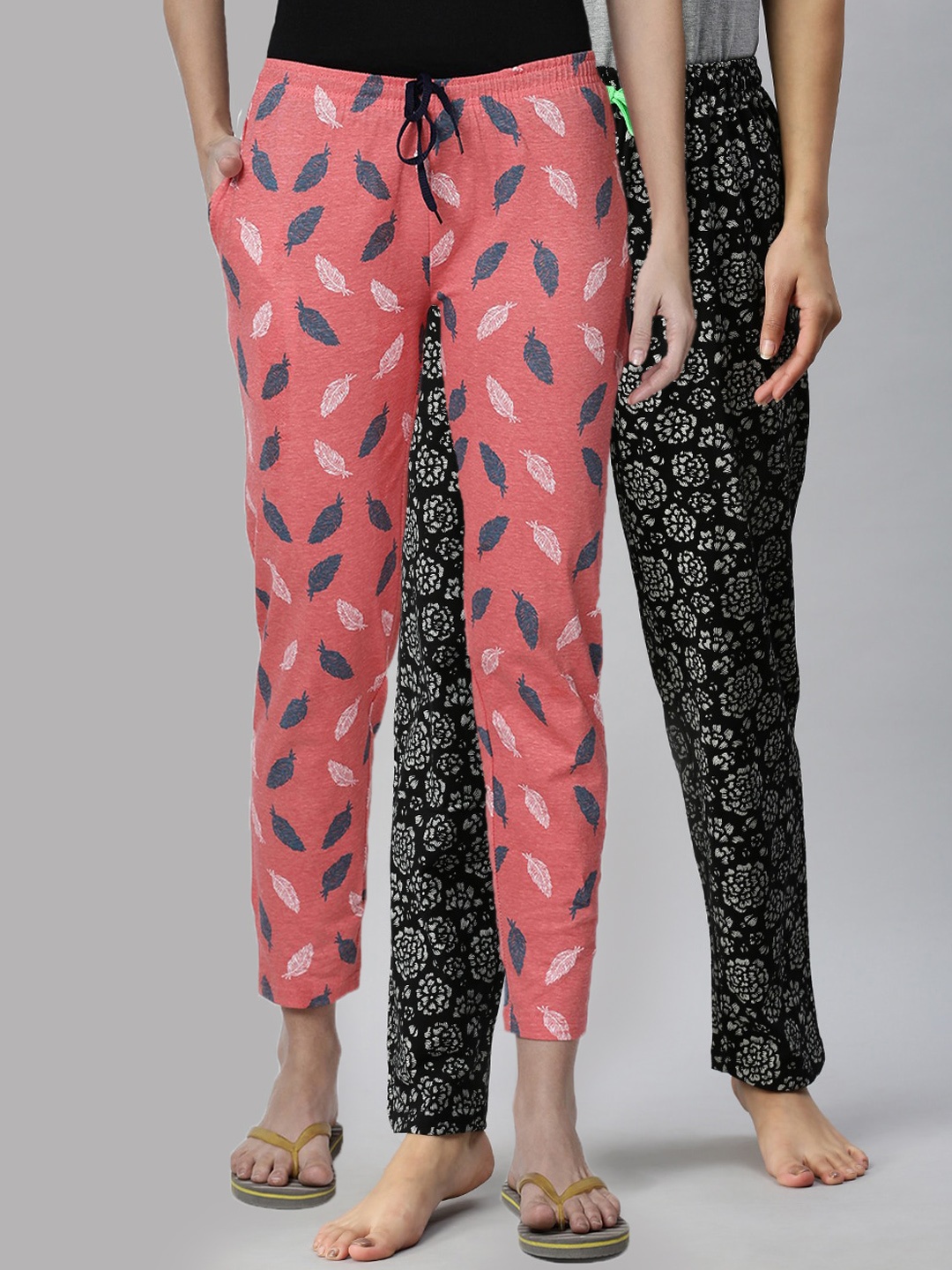 

Kryptic Women Pack Of 2 Orange & Black Cotton Printed Lounge Pants