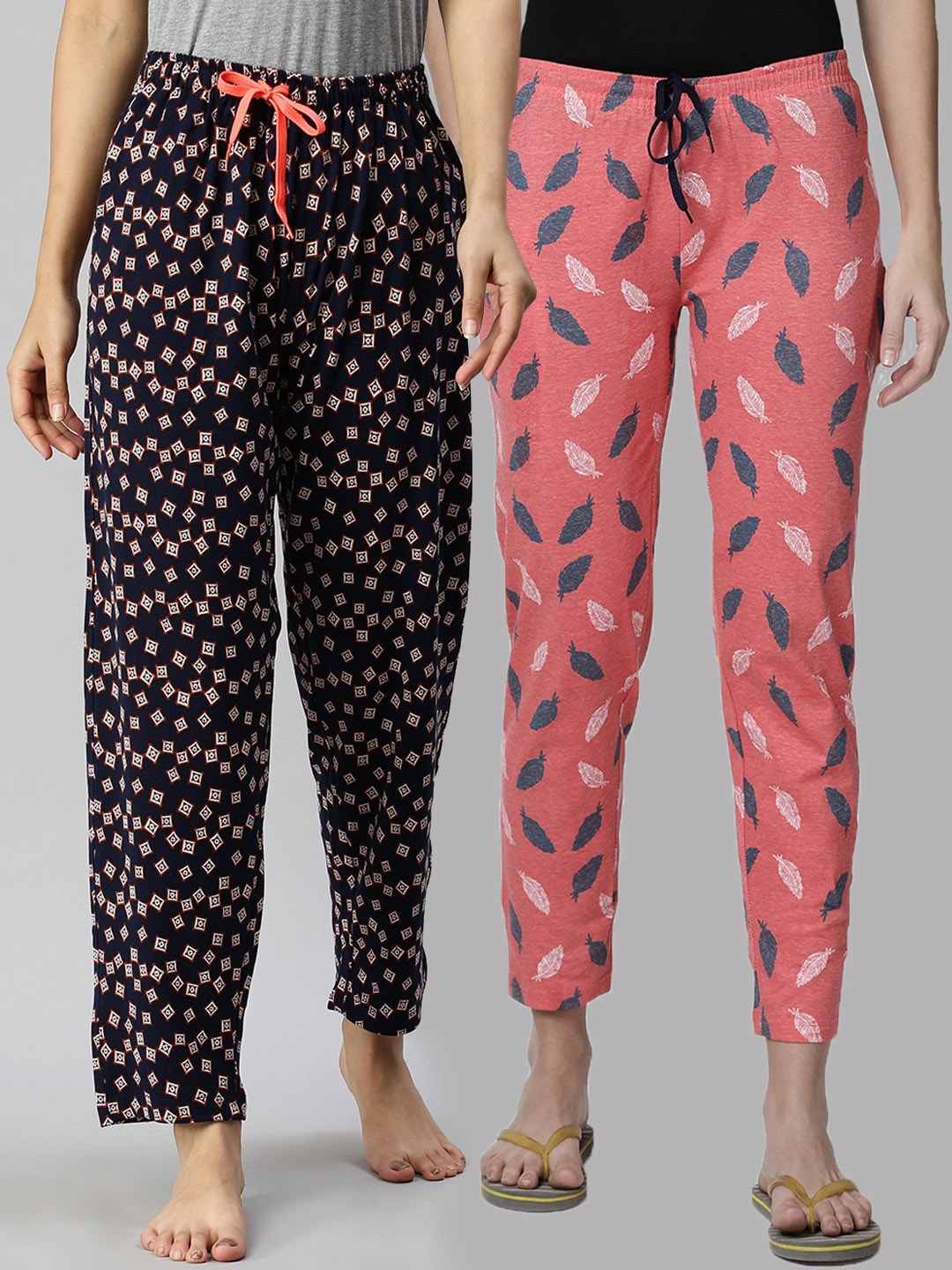 

Kryptic Women Pack Of 2 Orange & Navy Blue Printed Pure Cotton Lounge Pants