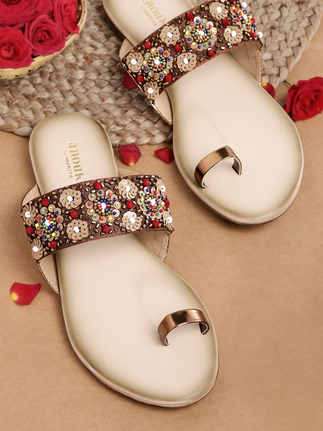 

Anouk Women Brown & Gold-Toned Embellished Handcrafted One Toe Flats
