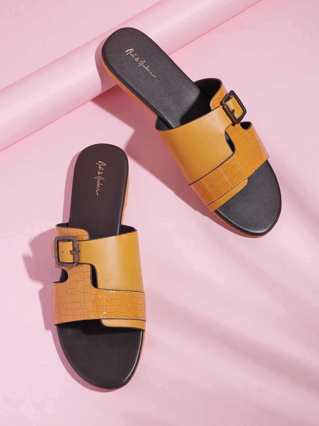 

Mast & Harbour Women Mustard Croc Textured Open Toe Flats with Buckles & Cut-Out Detail