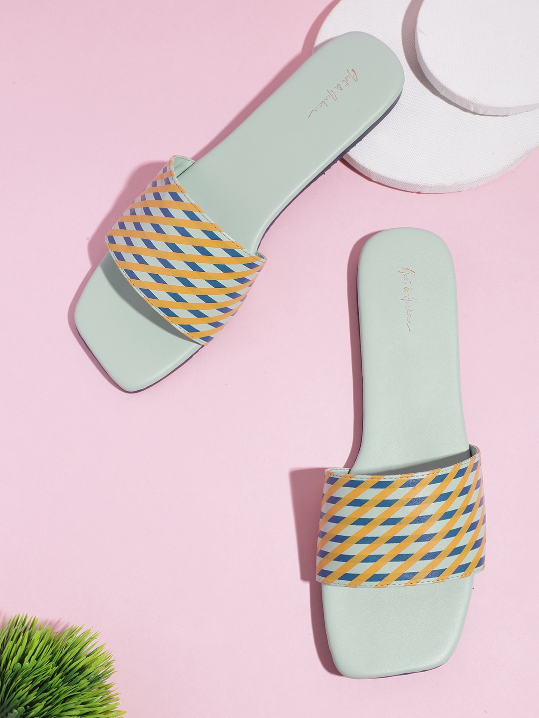 

Mast & Harbour Women Mint Green & Mustard Yellow Striped Open Toe Flats