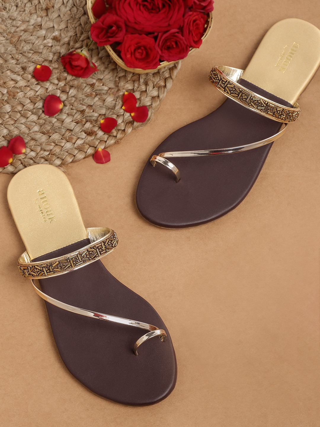

Anouk Women Muted Gold-Toned Embellished Handcrafted One Toe Flats