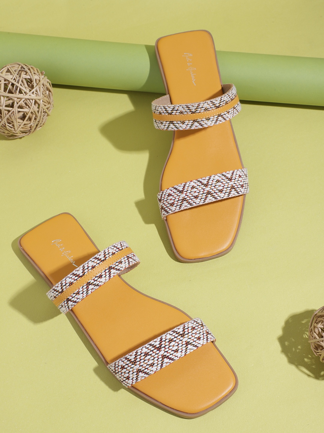 

Mast & Harbour Women White & Mustard Yellow Woven Design Open Toe Flats