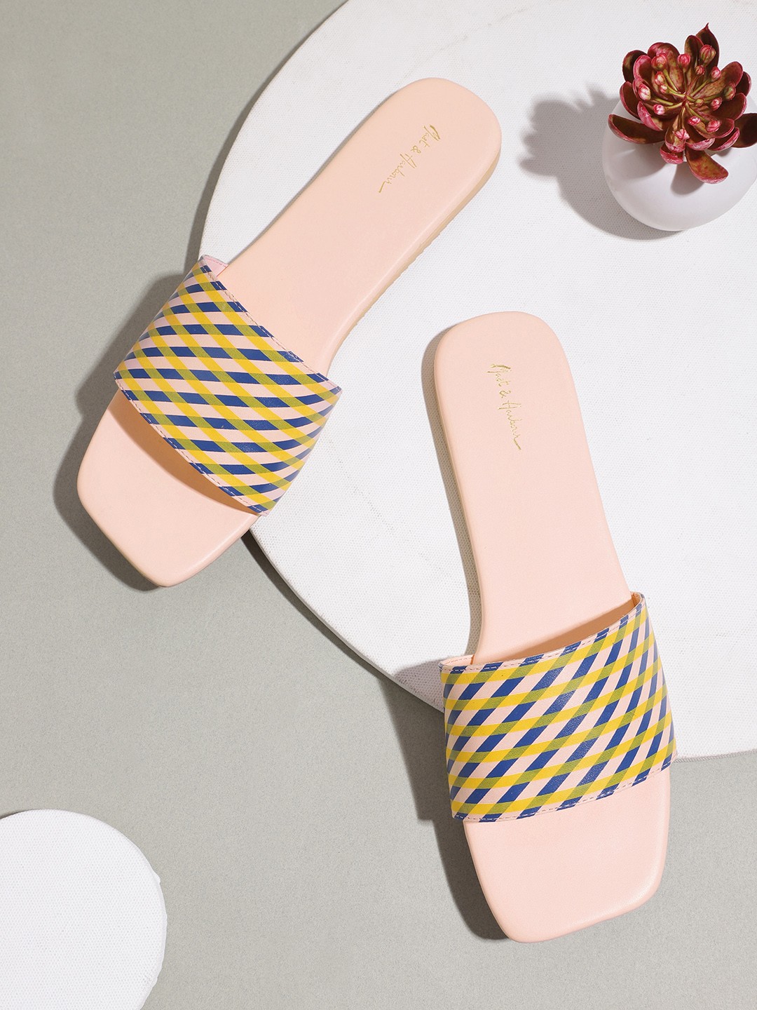 

Mast & Harbour Women Pink & Olive Green Striped Open Toe Flats