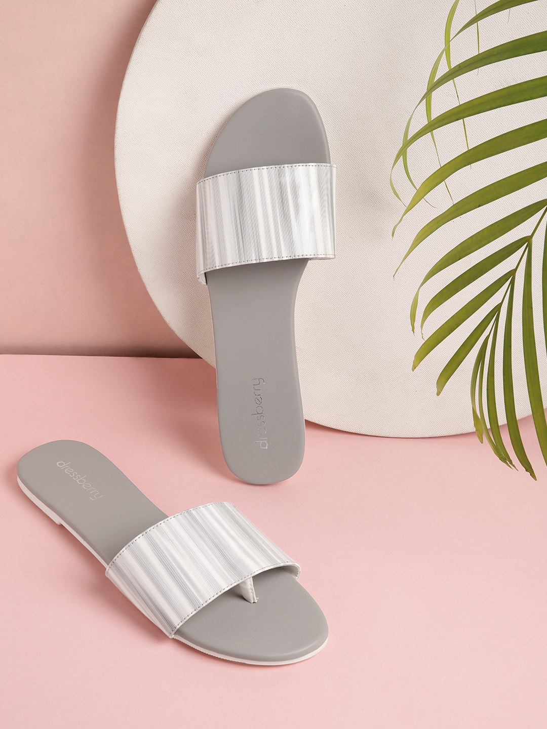 

DressBerry Women Grey & White Striped Open Toe Flats
