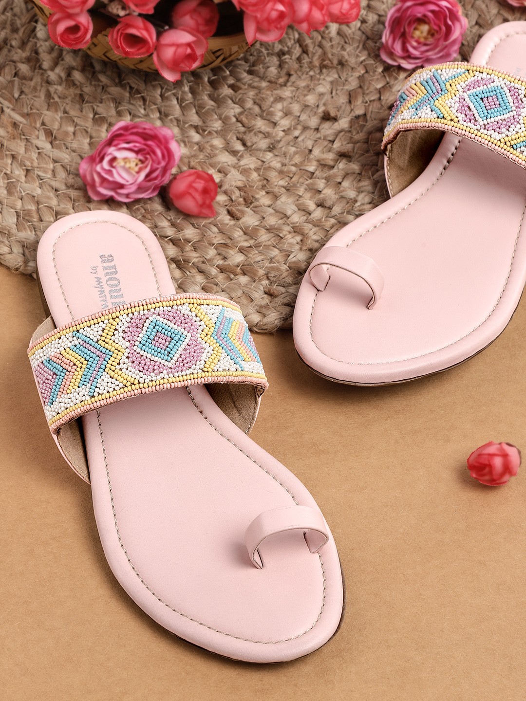 

Anouk Women Pink & Blue Ethnic Embellished Handcrafted One Toe Flats