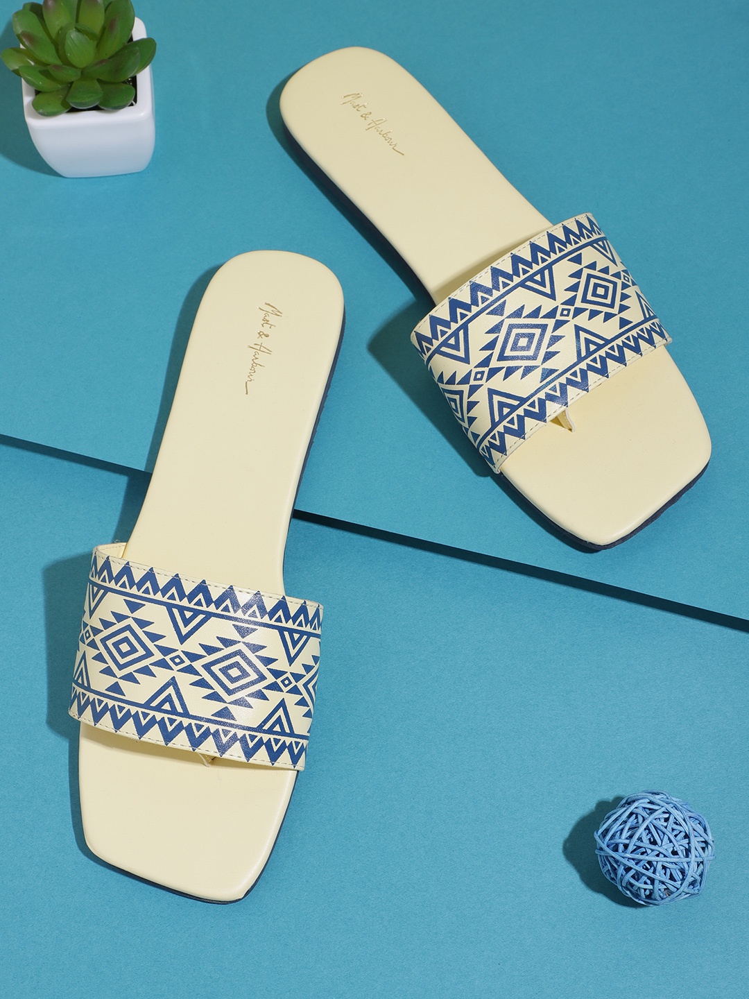 

Mast & Harbour Women Yellow & Navy Blue Printed Open Toe Flats