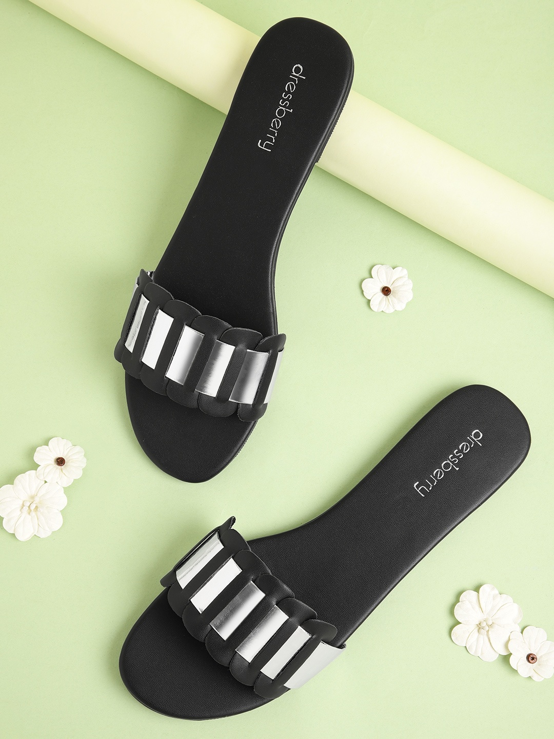 

DressBerry Women Black & Silver-Toned Striped Open Toe Flats