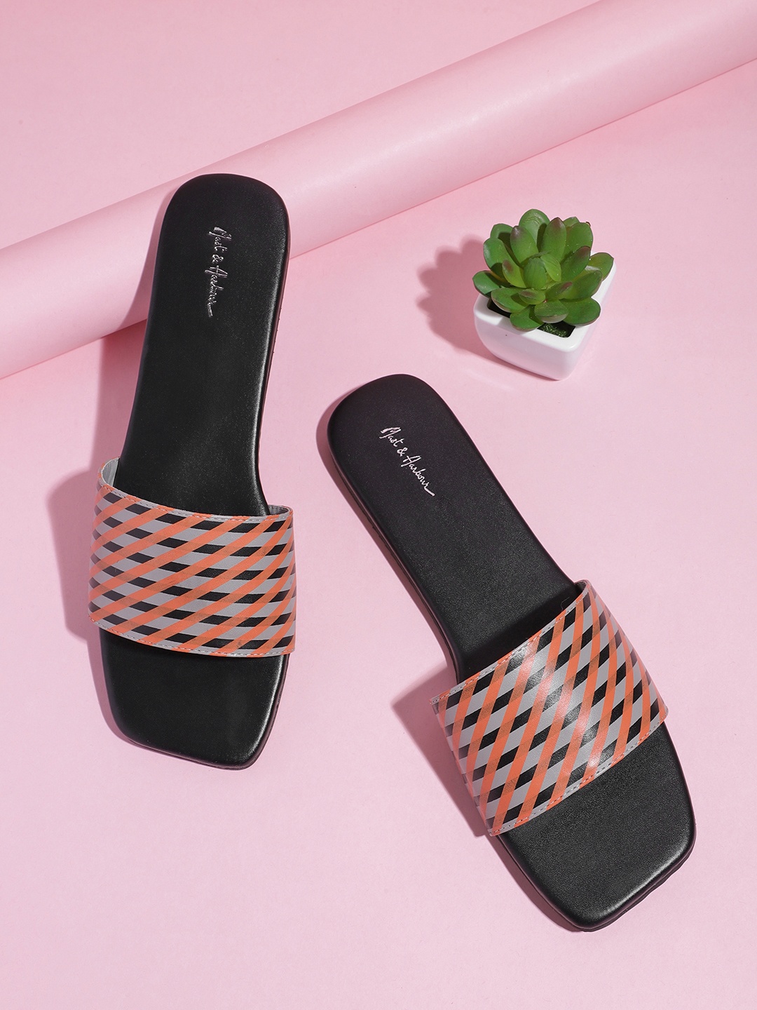 

Mast & Harbour Women Grey & Orange Striped Open Toe Flats