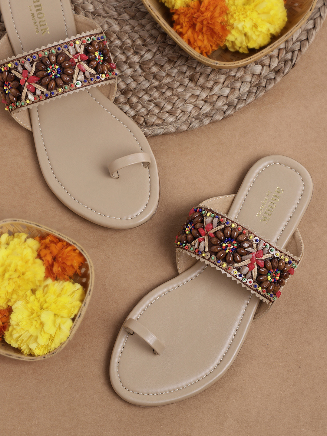 

Anouk Women Beige & Brown Ethnic Embellished Handcrafted One Toe Flats