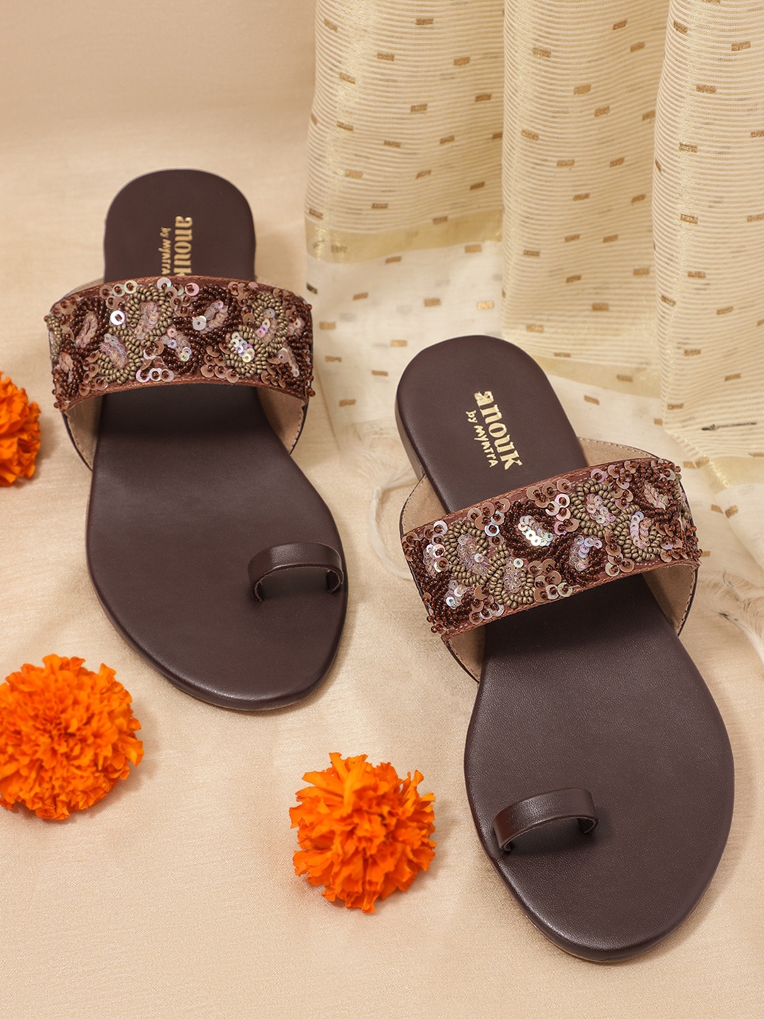 

Anouk Women Coffee Brown & Pink Ethnic Embellished Handcrafted One Toe Flats