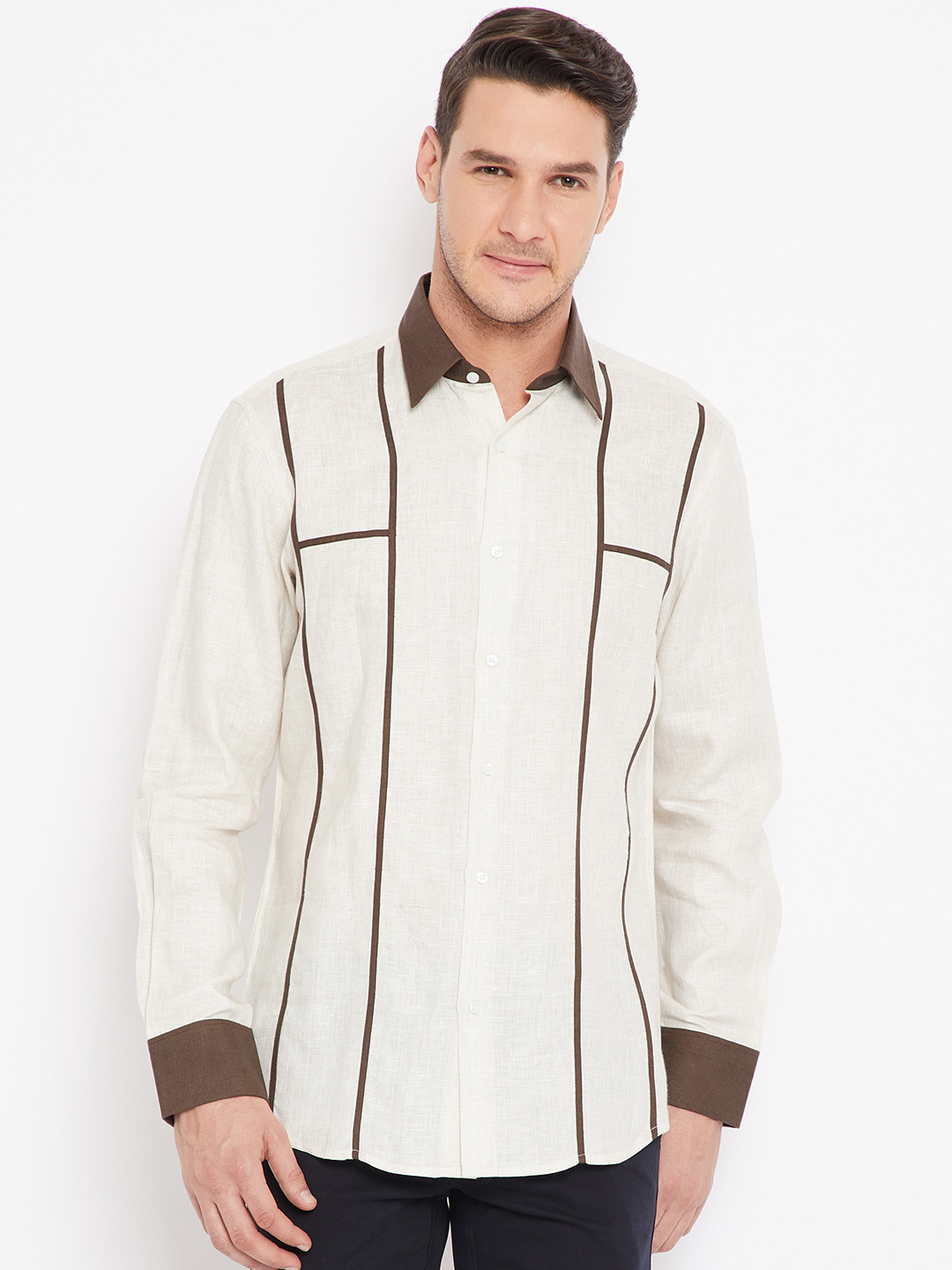 

Wills Lifestyle Men Off-White & Brown Panelled Casual Shirt
