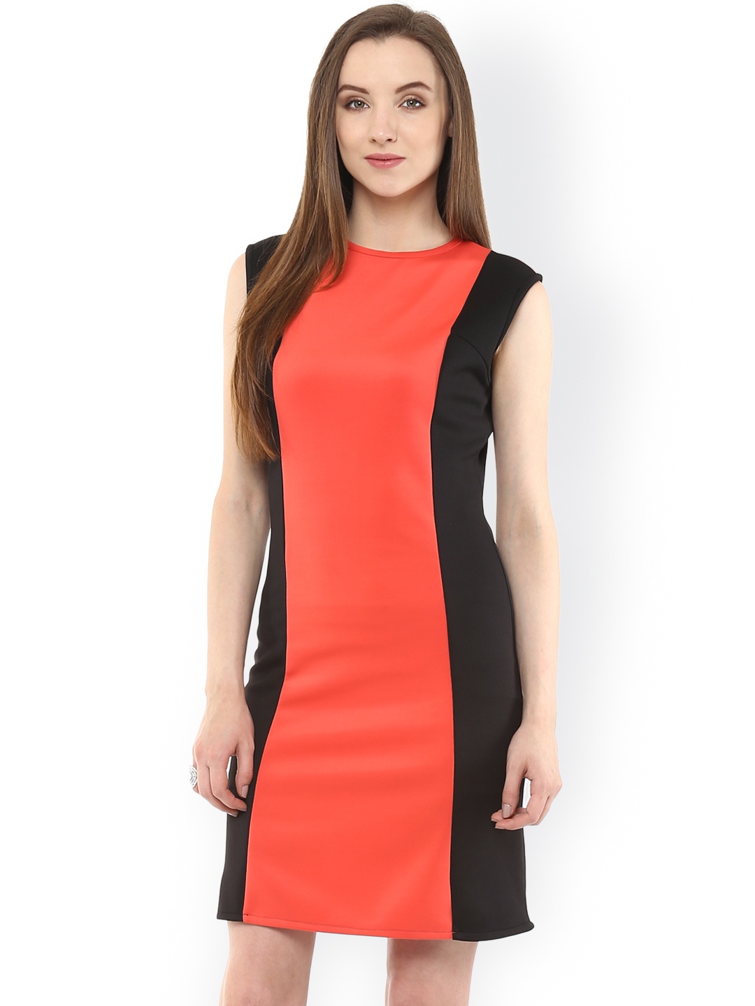 

Zima Leto Women Coral Red Colourblocked Sheath Dress