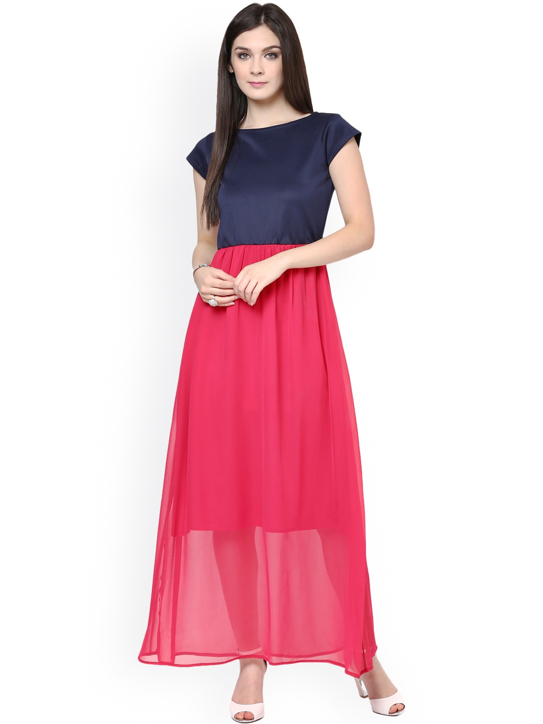 

Zima Leto Women Pink & Navy Colourblocked Maxi Dress