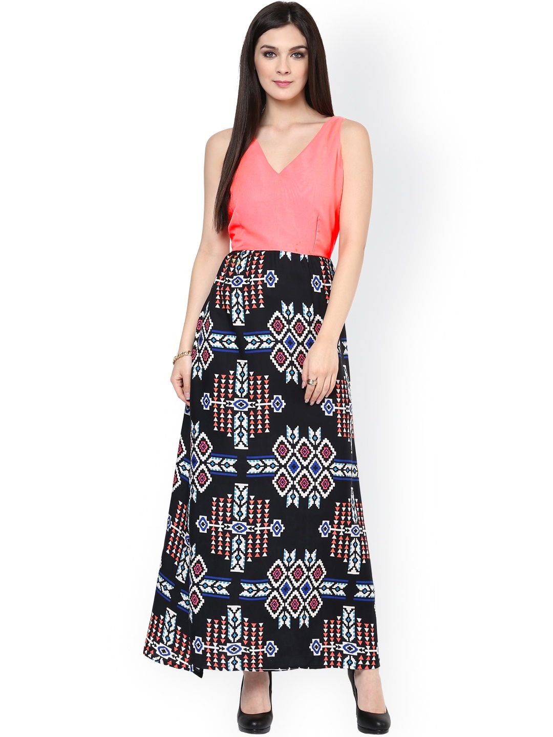 

Zima Leto Women Coral Pink & Black Printed Maxi Dress