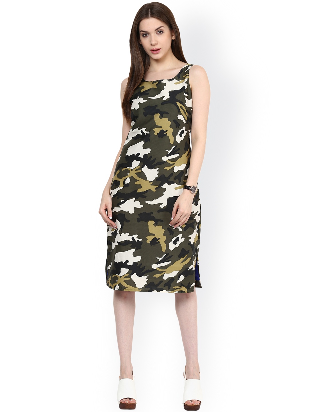 

Zima Leto Women Olive Green Camouflage Print Sheath Dress