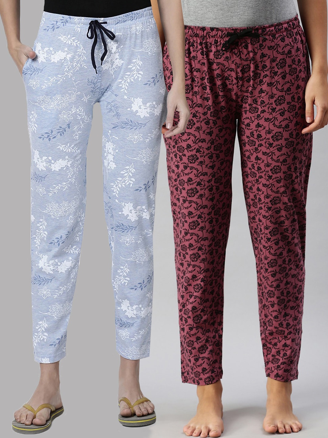 

Kryptic Women Pack Of 2 Blue & Maroon Printed Pure Cotton Lounge Pant