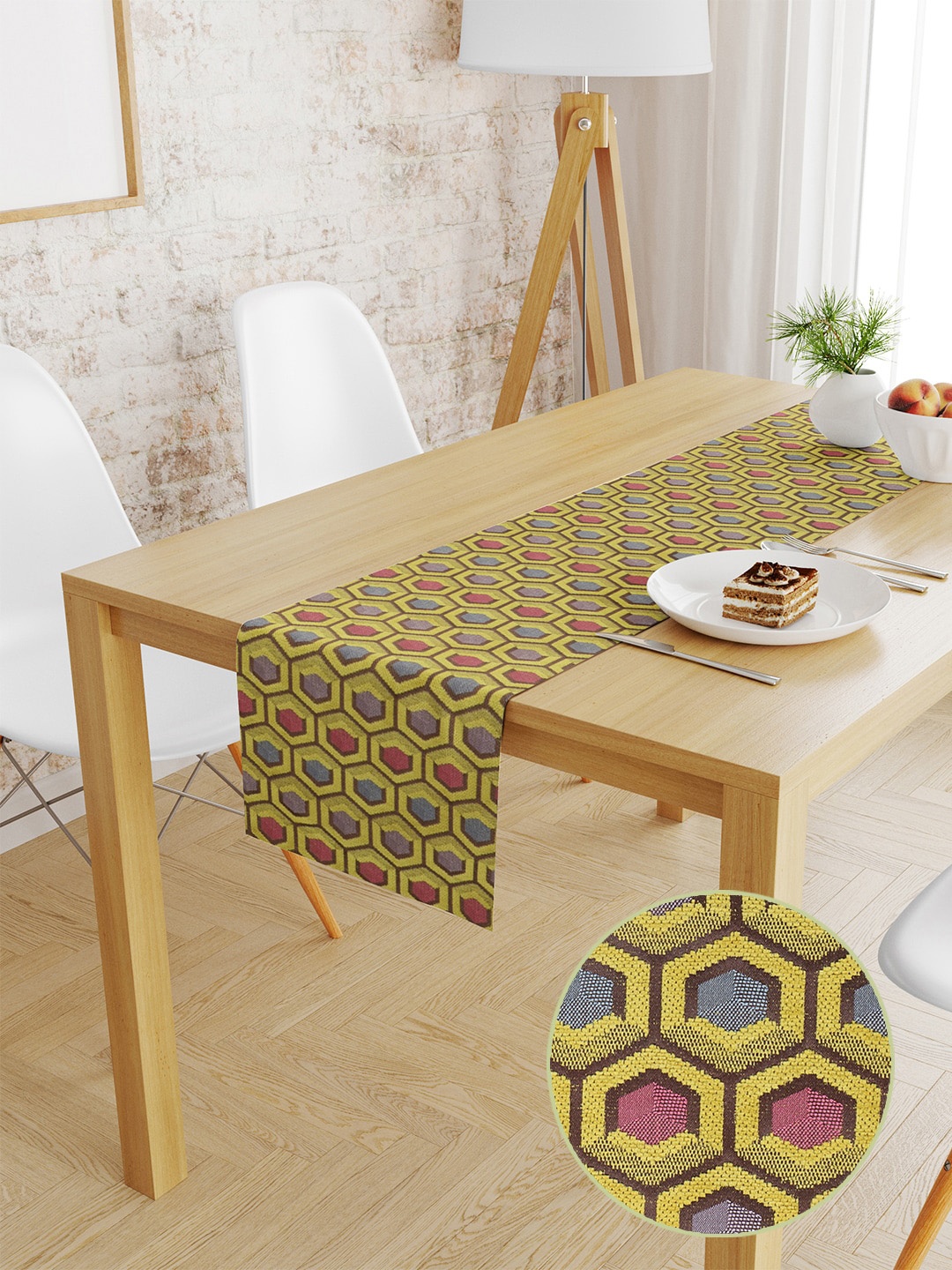 

S9home by Seasons Lime Green & Brown Geometric 6 Seater Table Runner