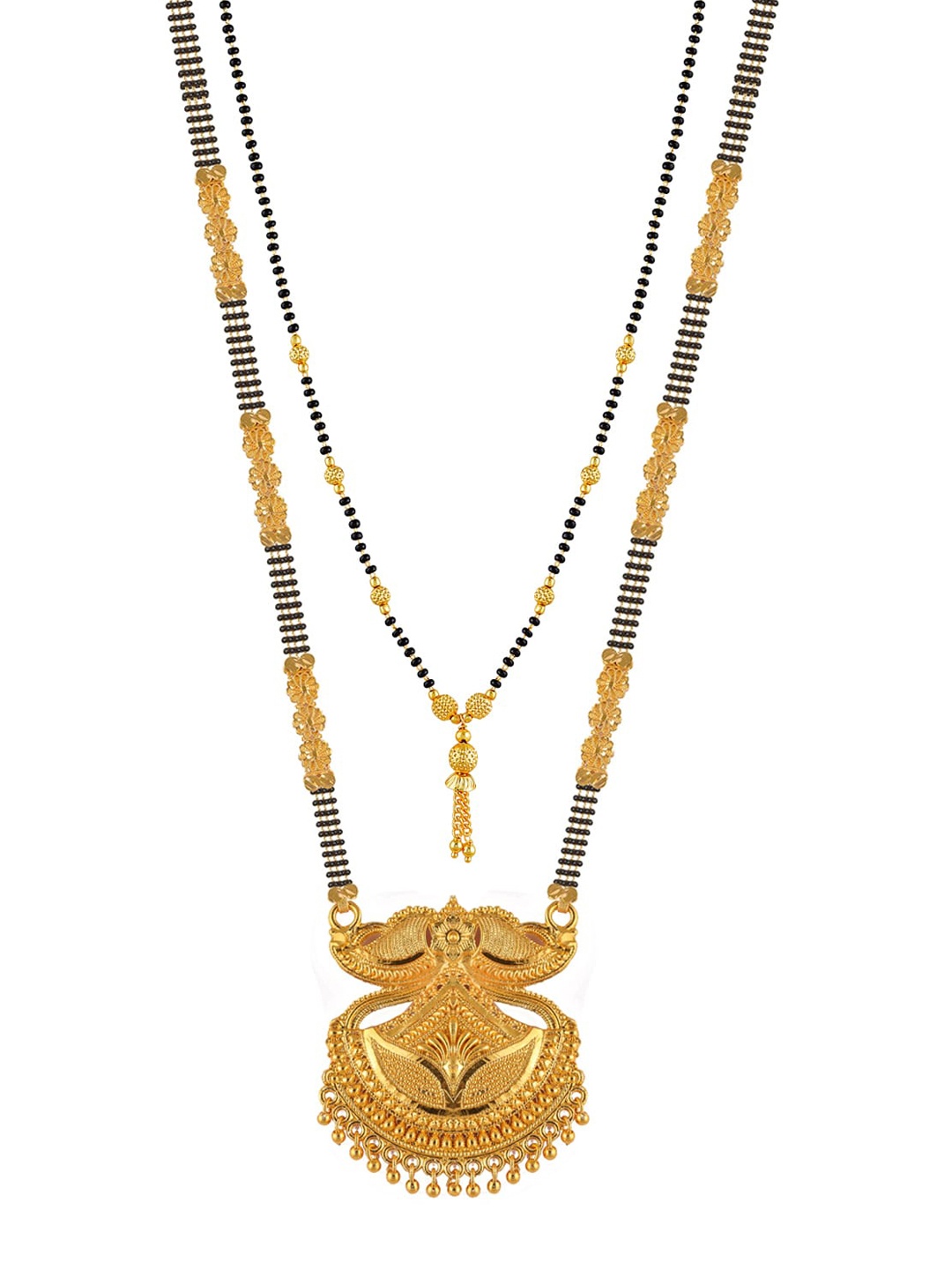 Brandsoon Set Of 2 Gold-Plated Black & White Stone Studded & Beaded Mangalsutra