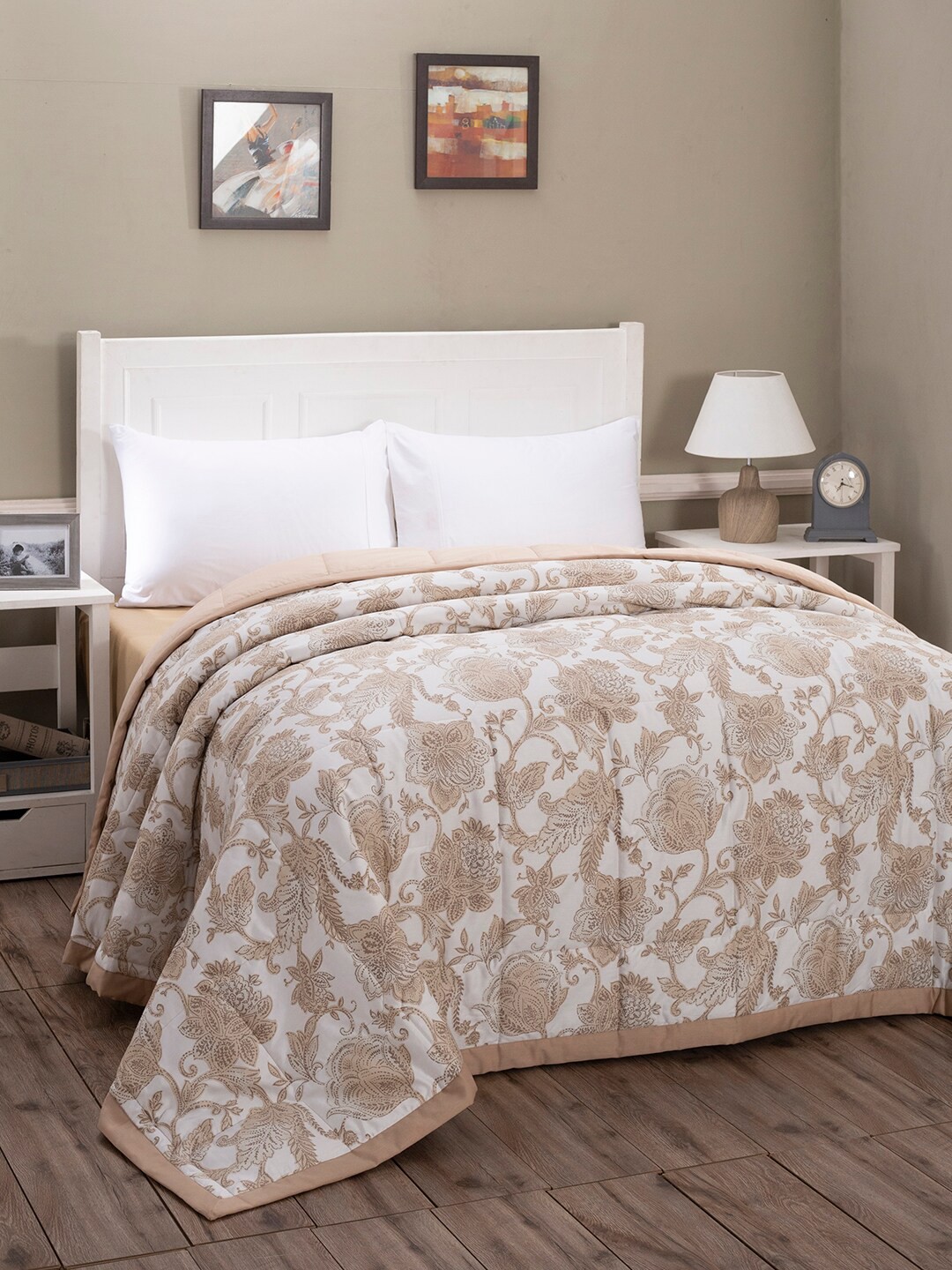 

MASPAR Cream-Coloured & Brown Floral AC Room 100 GSM Double Bed Quilt