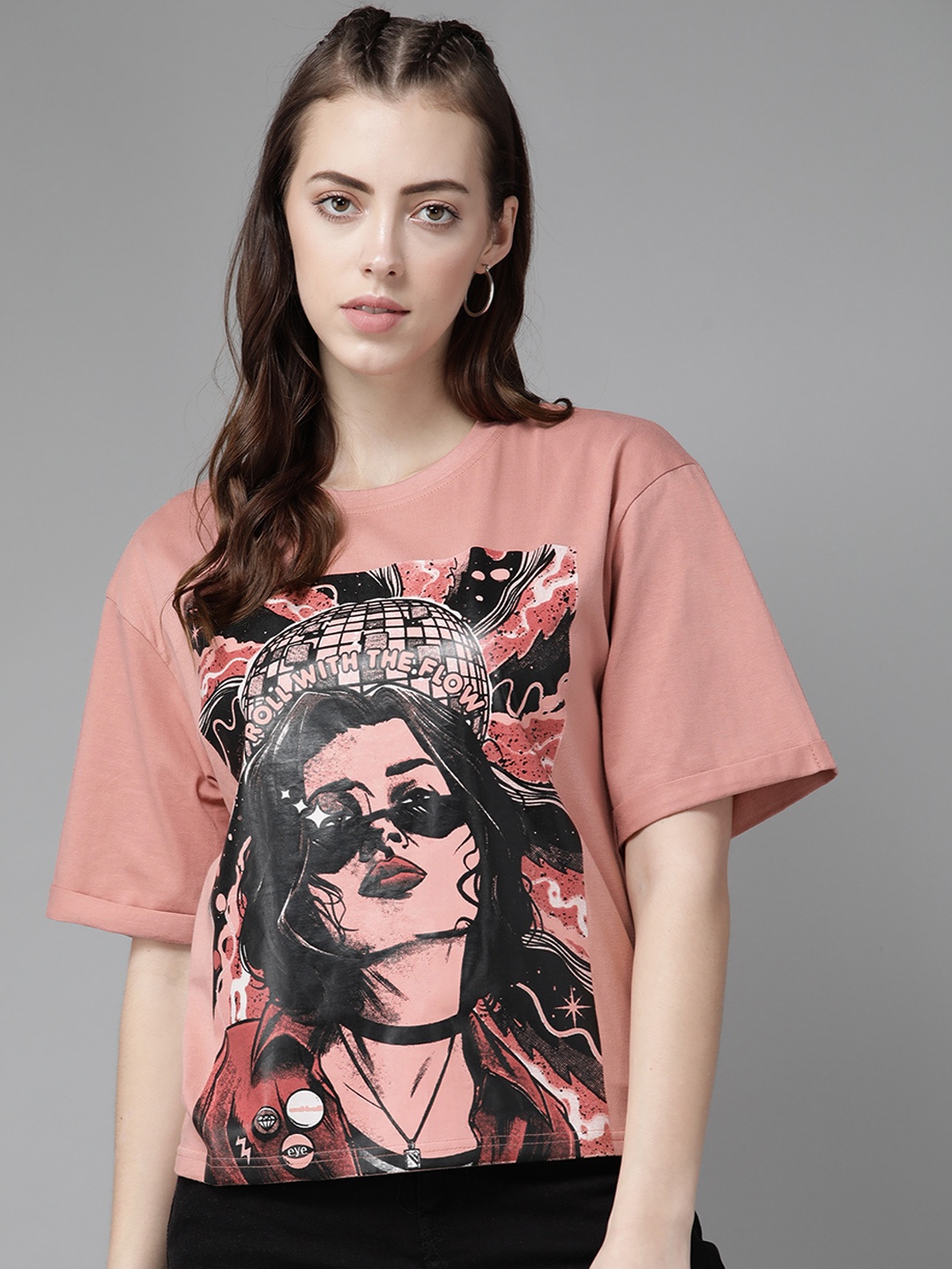 The Dry State Women Rose & Black Printed Loose Oversized T-shirt