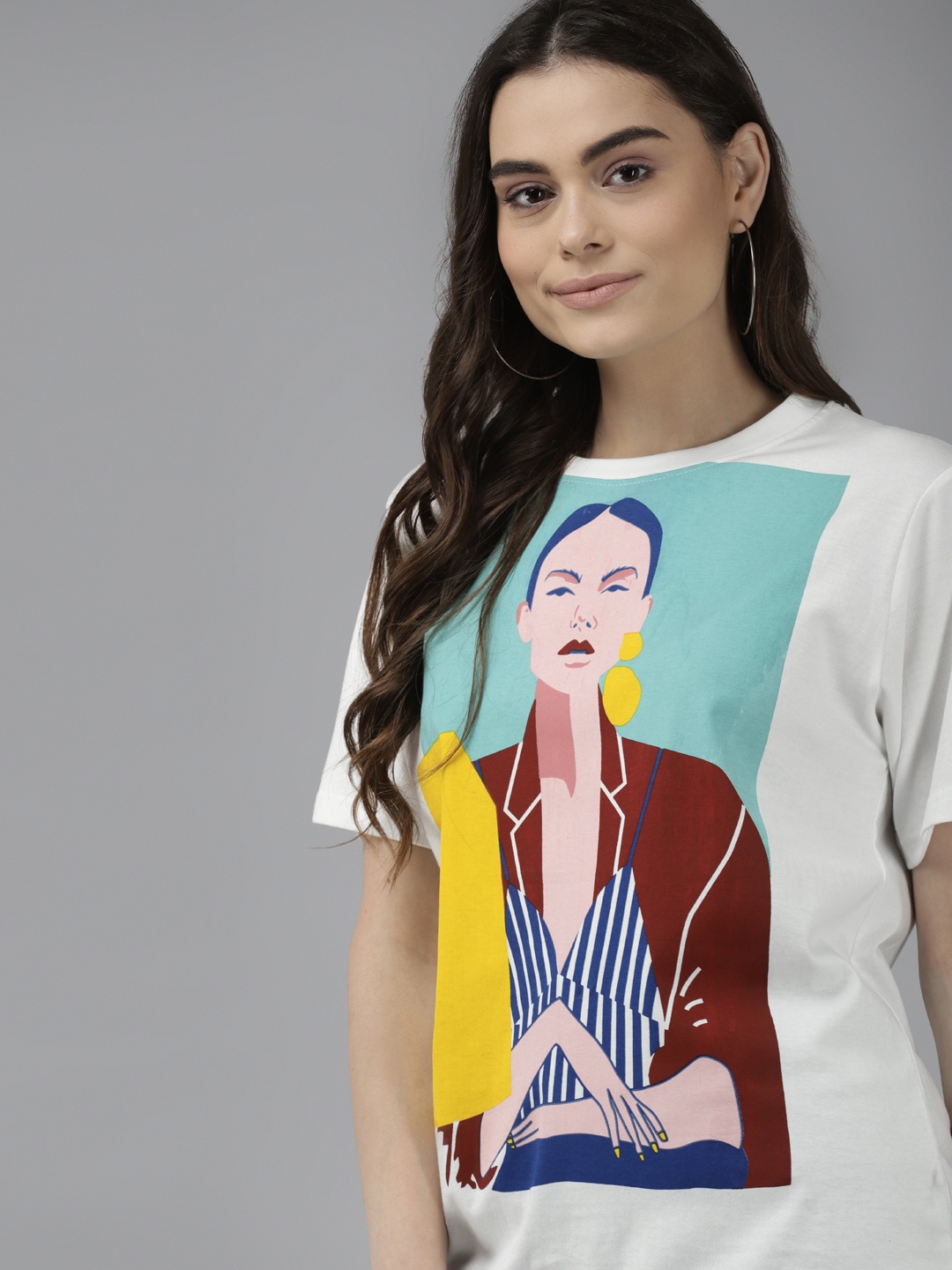 

The Dry State Women Off-White & Maroon Graphic Printed Pure Cotton Loose T-shirt