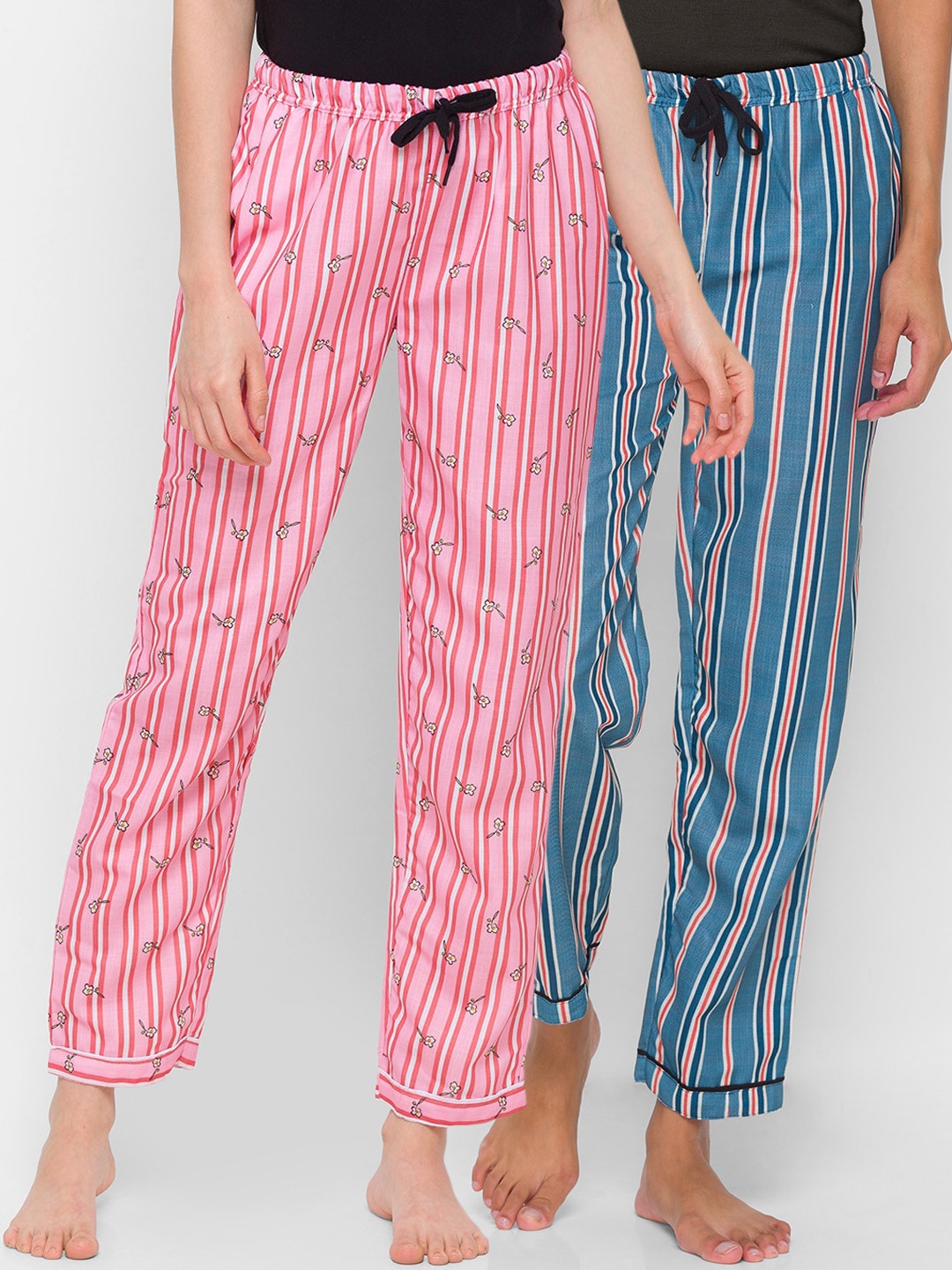 

FashionRack Women Pack Of 2 Navy Blue & Pink Striped Regular Fit Cotton Lounge Pants